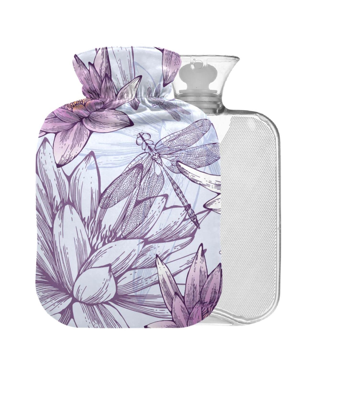 Lilies Dragonflies Hot Water Bottle with Cover - 1L BPA-Free Small Pain Relief Bag for Bed Hand & Feet - Buy Online on GoSupps.com