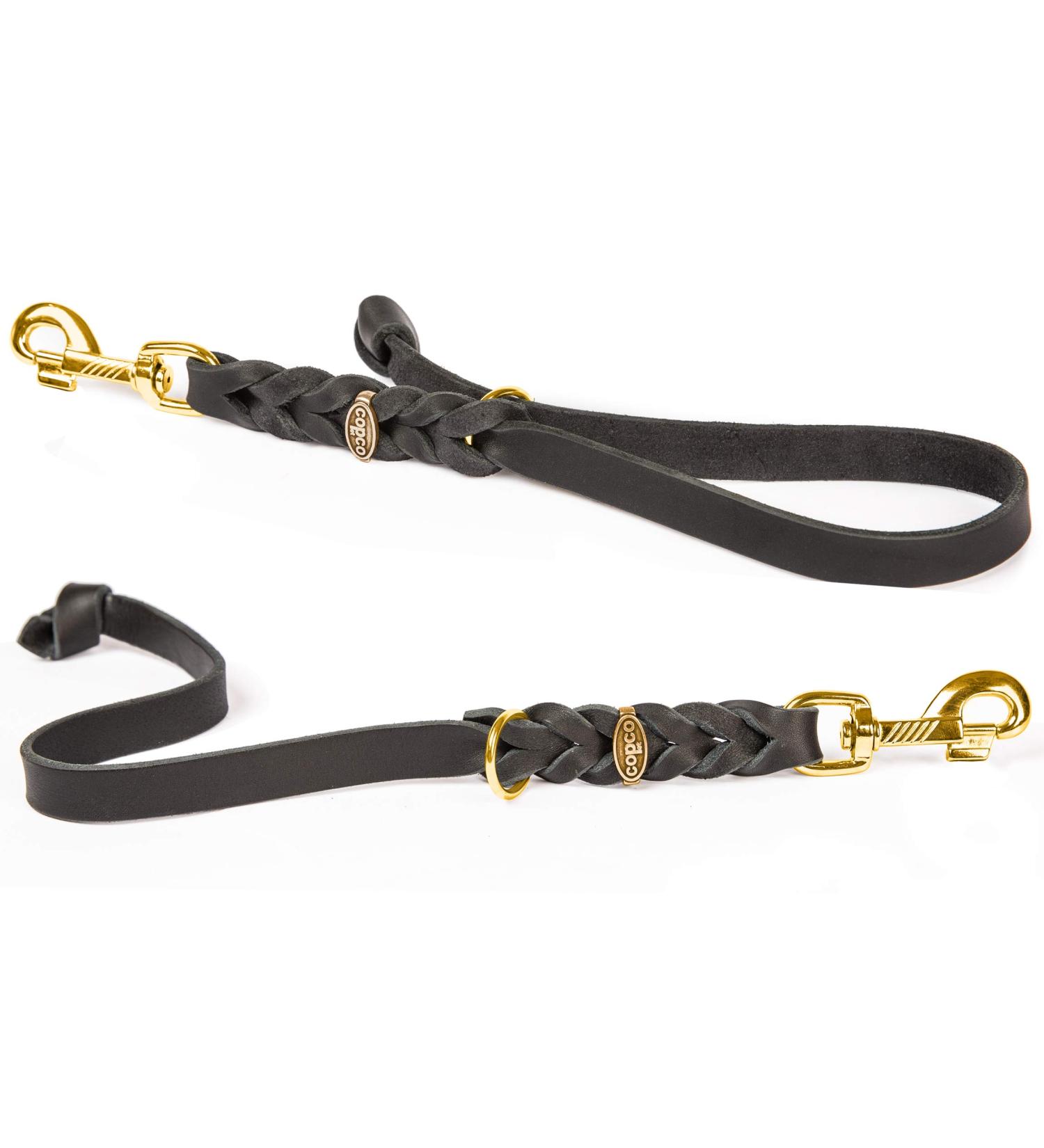 Fat Leather Short Lead - 35 cm x 10 mm Brass Leash in Black | Durable Pet Leash for International Shipping - Buy Online on GoSupps.com