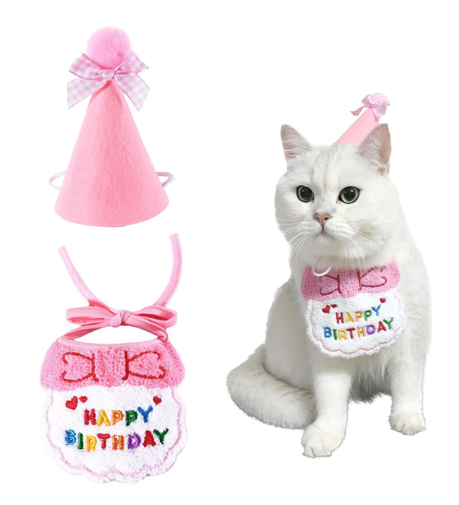 Cat Birthday Outfit Set: Pink Scarf Party Hat & Bibs - Perfect Pet Birthday Decorations - Buy Online on GoSupps.com