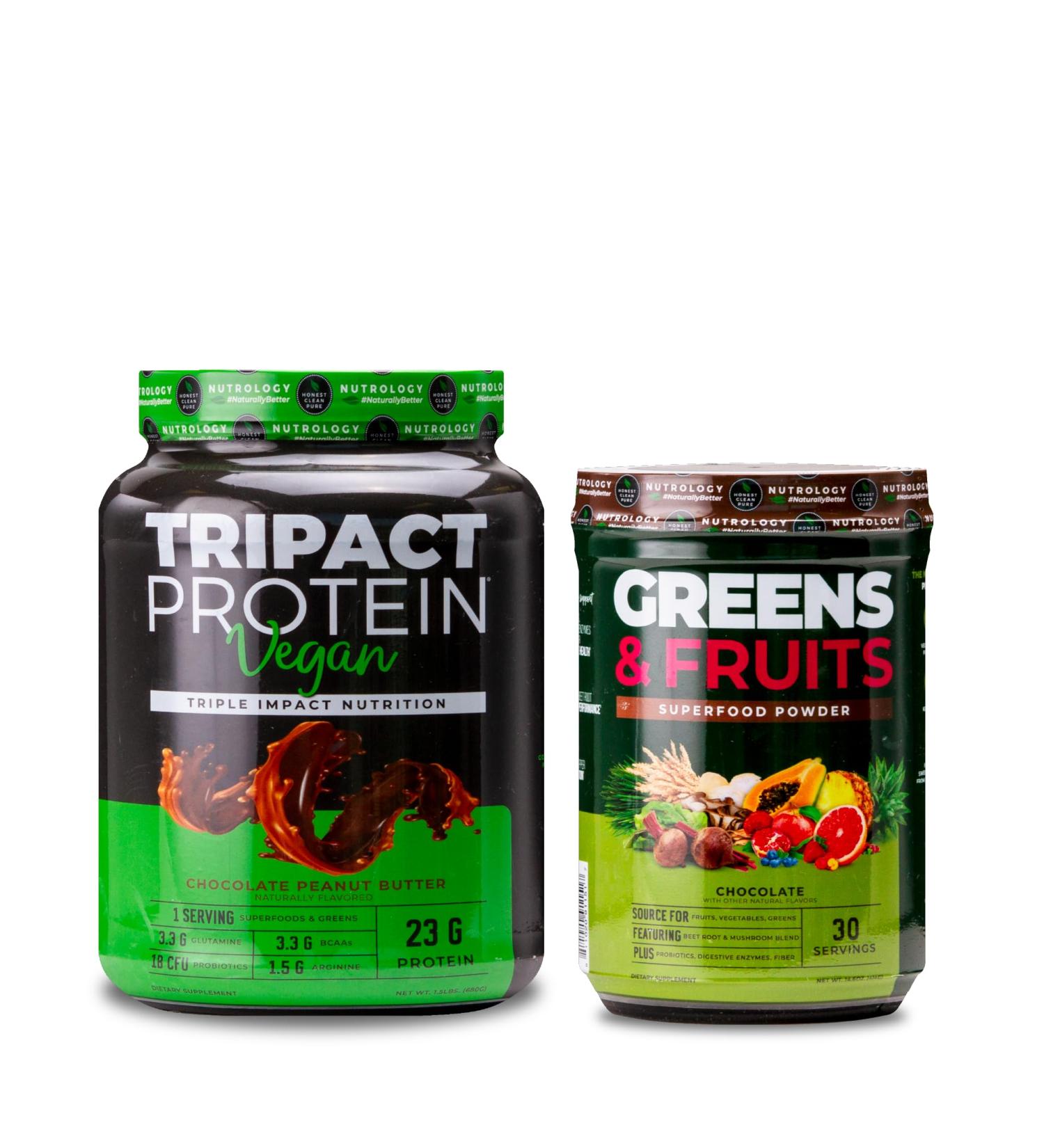 Nutrology Greens & Fruits Powder-Naturally Sourced Superfood Chocolate (30 Servings) TRIPACT Vegan Protein Powder for Vegan Protein Shakes Chocolate Peanut Butter (20 Servings) - Buy Online on GoSupps.com