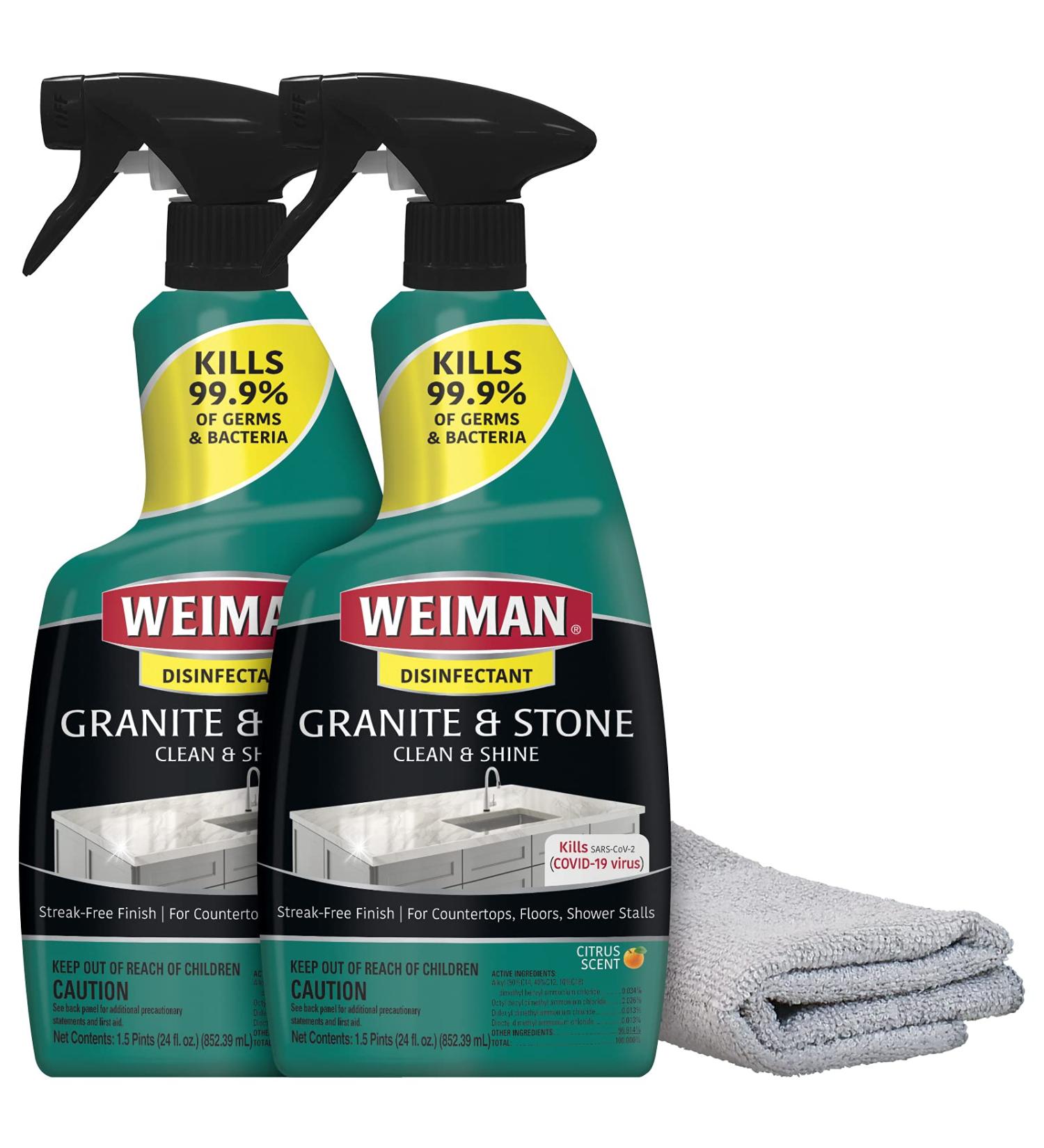 Weiman Disinfectant Granite Daily Clean & Shine (2 Pack) - Safely Clean, Disinfect, and Shine Various Countertop Surfaces - Includes Polishing Cloth - Buy Online on GoSupps.com