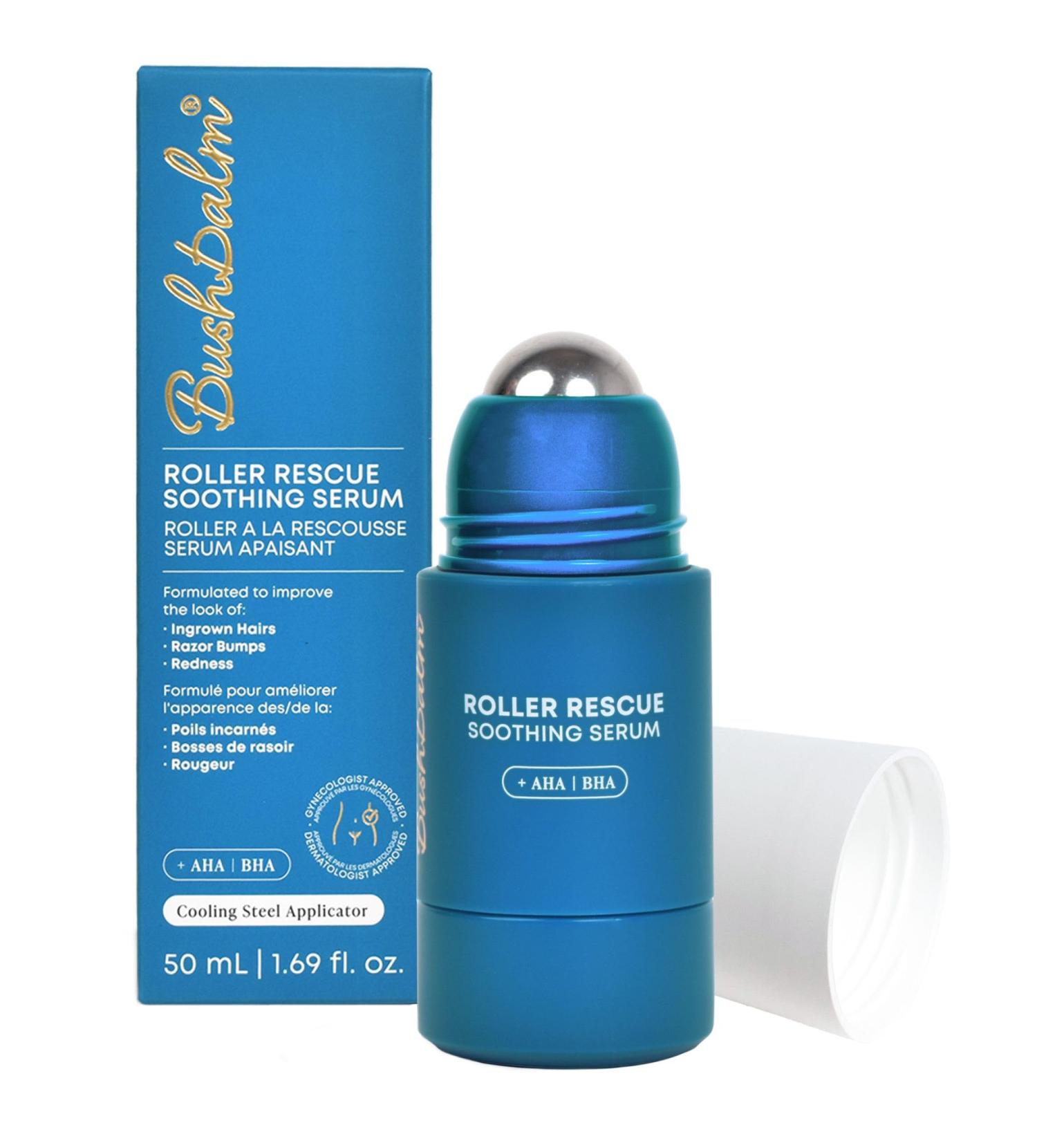 Bushbalm Roller Rescue Ingrown Hair Serum | Exfoliating AHA & BHA for Razor Bumps Soothing Cooling for Intimate Areas & Underarms - 50ml - Buy Online on GoSupps.com