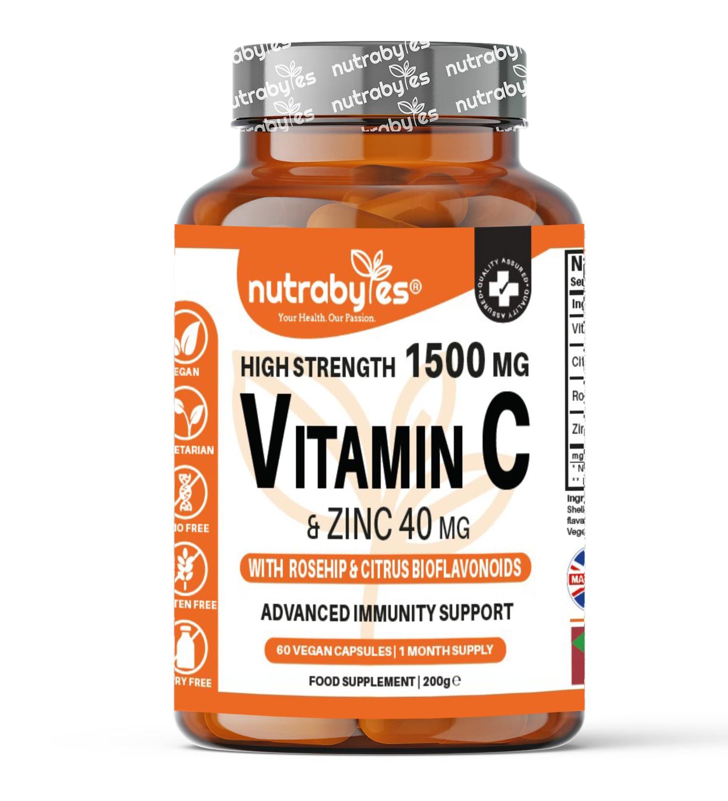 High Strength Vitamin C 1500mg and Zinc 40mg Capsules with Rosehip & Bioflavonoids | Immune System Support | 60 Vegan Capsules - Made in UK - Buy Online on GoSupps.com