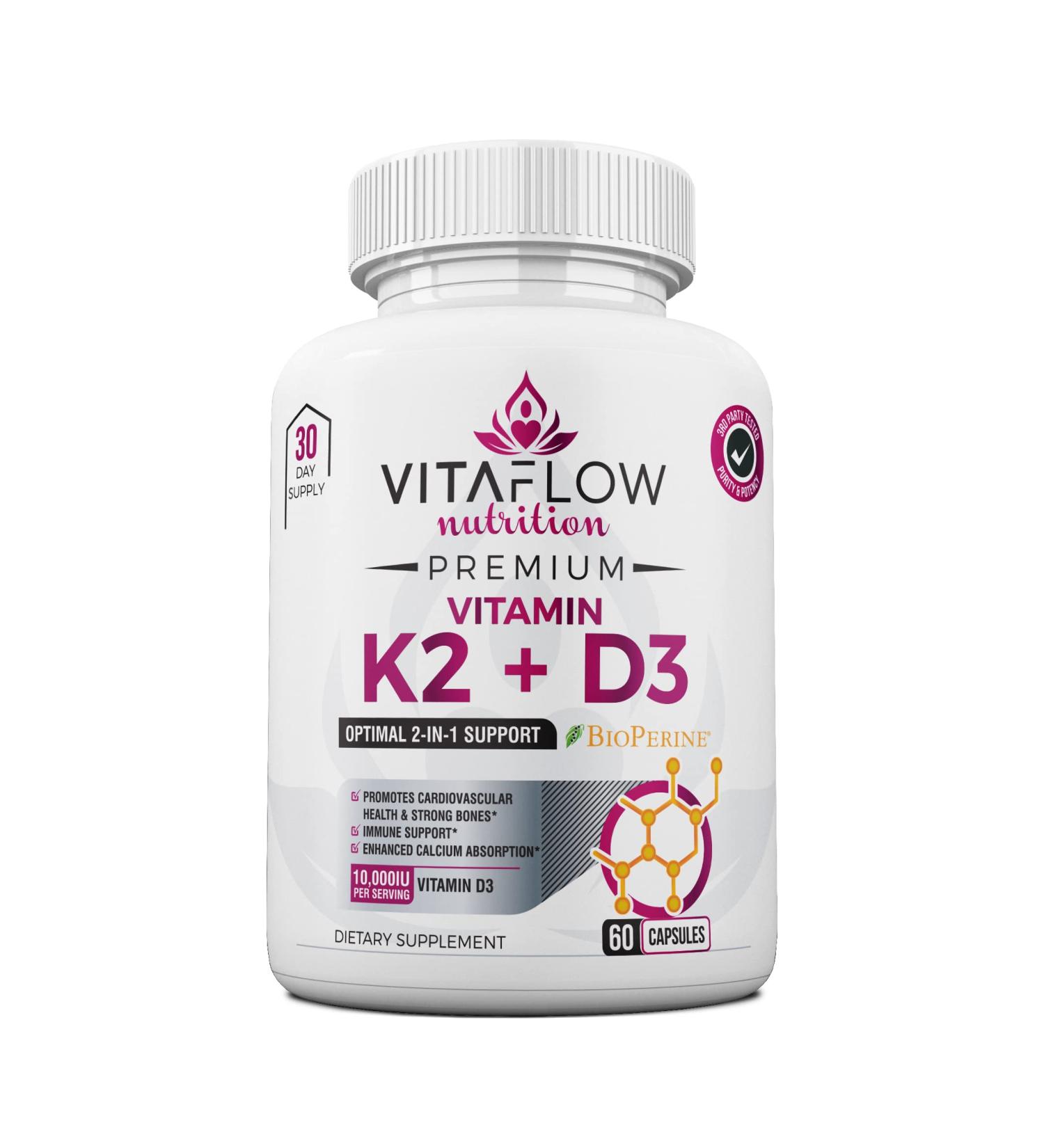 VITAFLOW Nutrition Vitamin K2 and D3 Supplements - 60 Capsules | Supports Better Calcium Absorption and Cardiovascular Health | 30 Day Supply - Buy Online on GoSupps.com