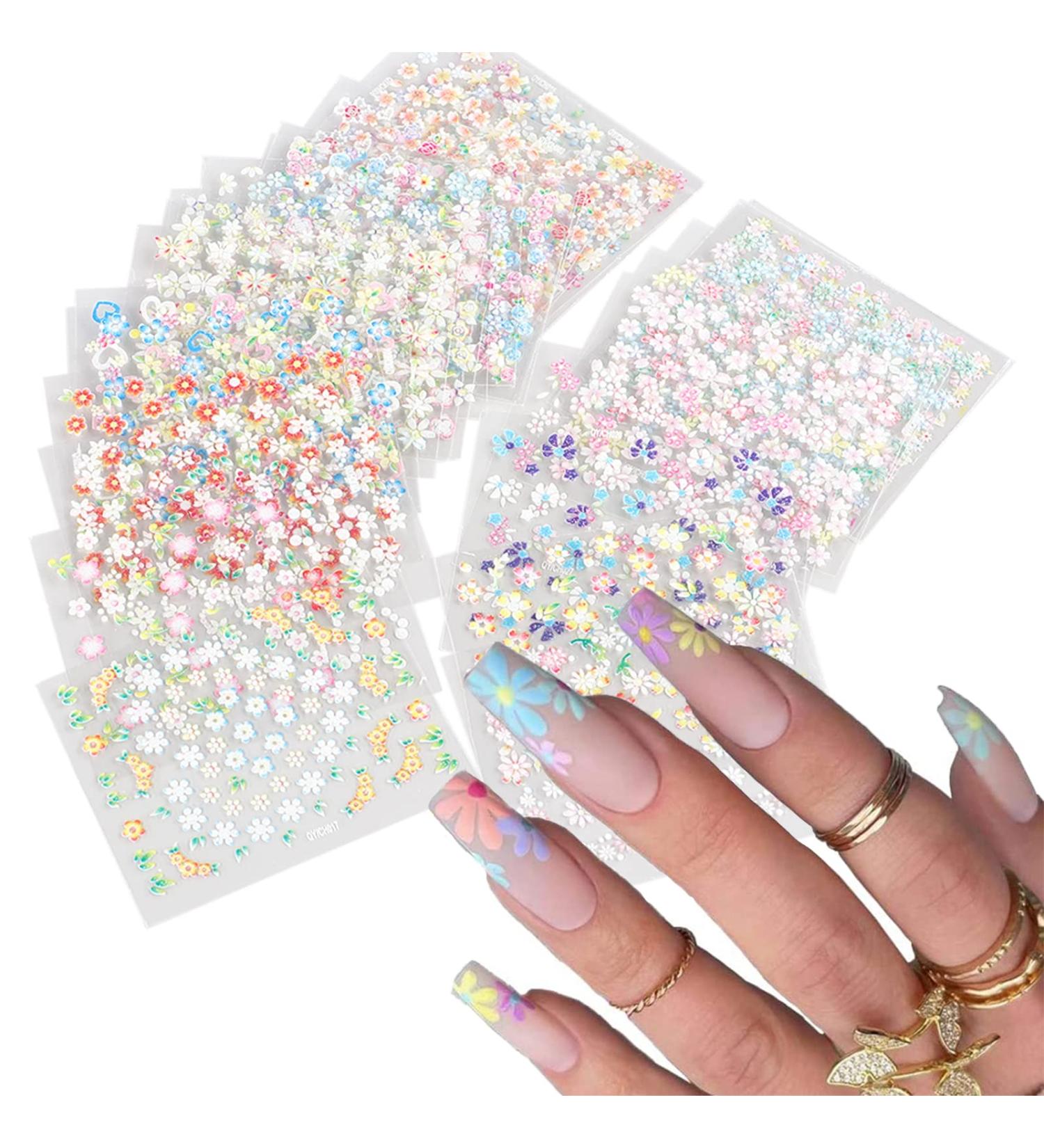 30 Colorful Flower Nail Art Sticker Decals - Self Adhesive 3D Designs with Glitter - Nail Art Supplies for Women - Buy Online on GoSupps.com