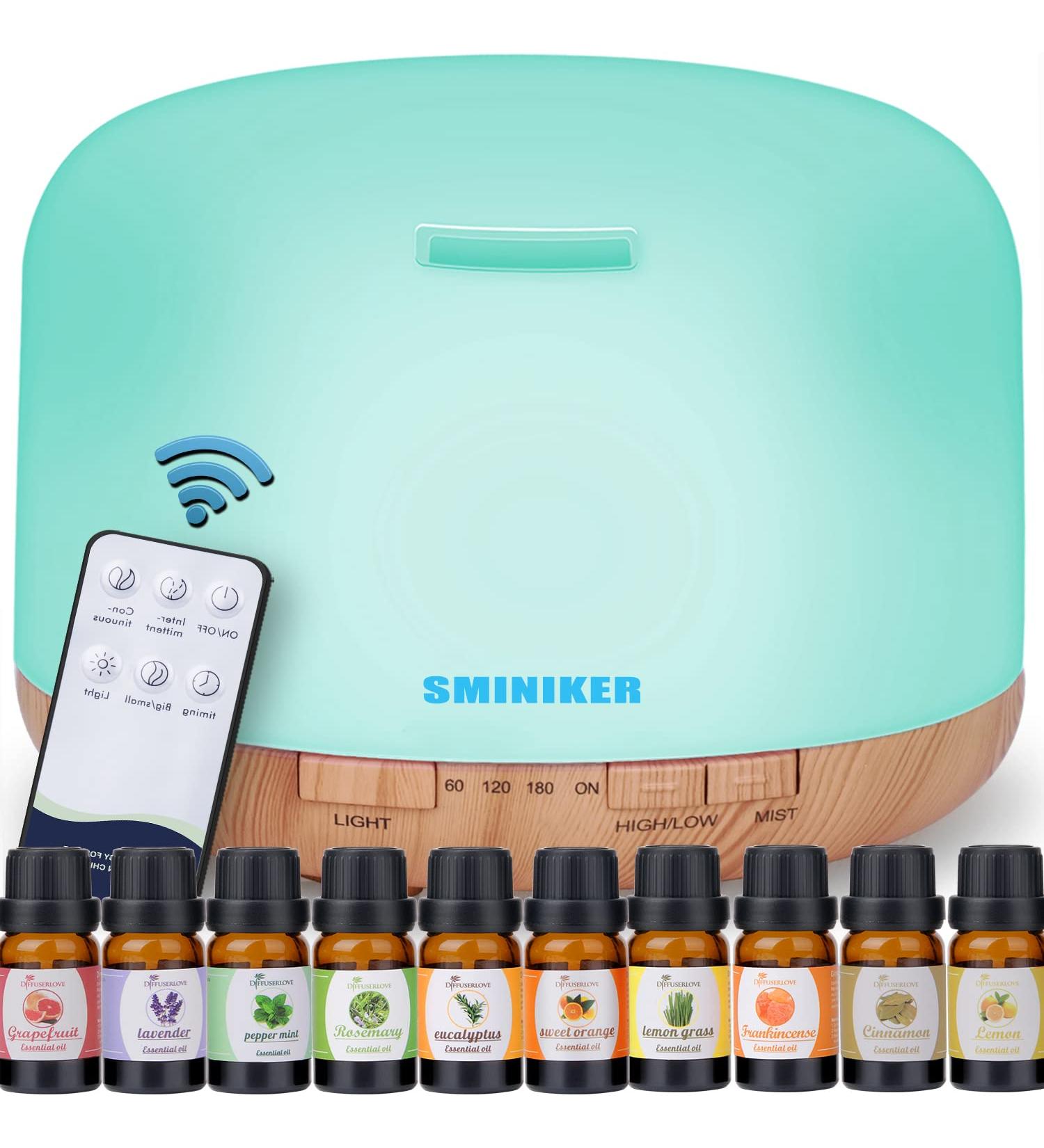 Sminiker 500ML Essential Oil Diffuser with Remote Control | Adjustable Mist Mode, Waterless Auto Shut-Off, 7 LED Light Colors | Home Diffusers - Buy Online on GoSupps.com