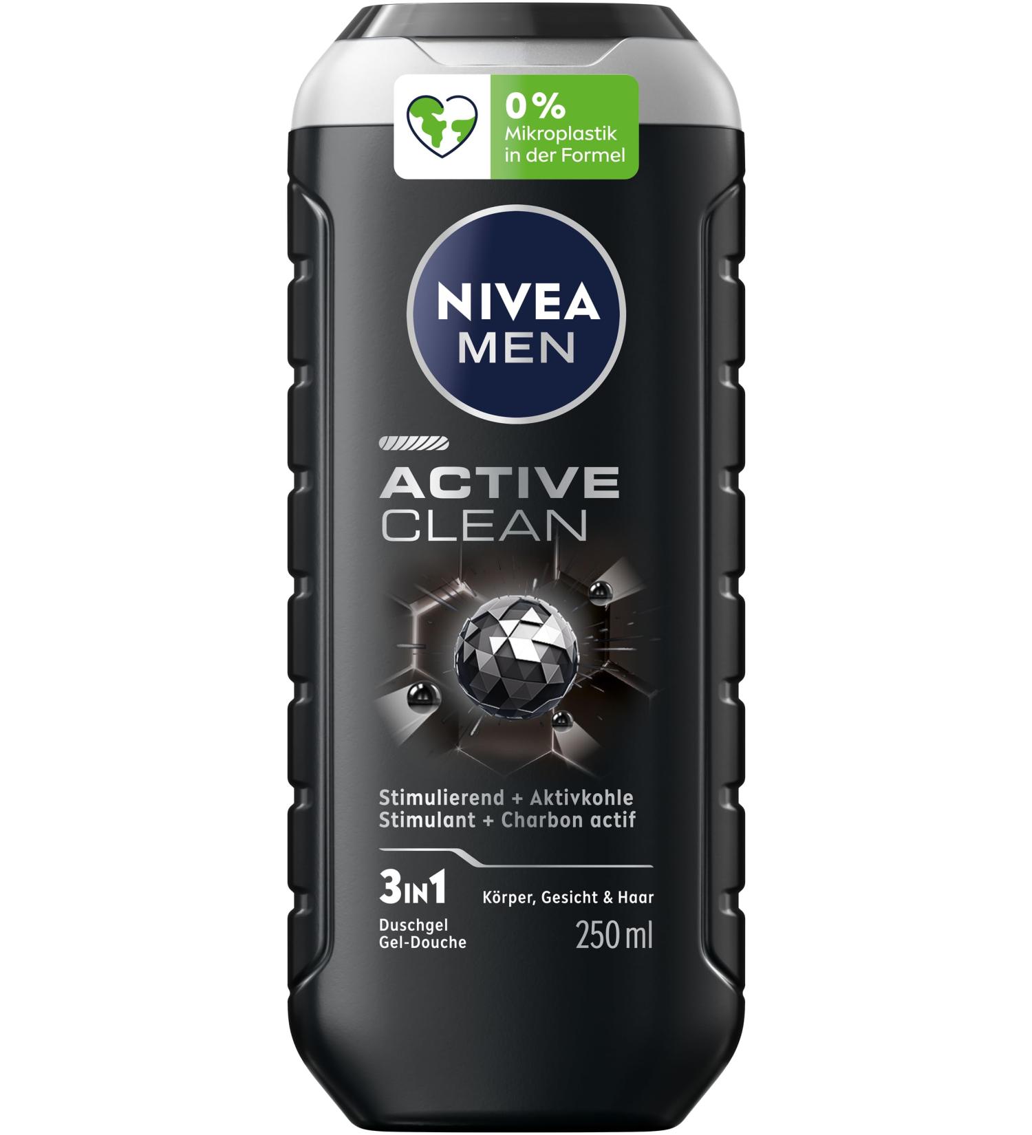 NIVEA MEN NIVEA MEN Active Clean pH Neutral Shower Gel for Men with Invigorating Fragrance Activated Charcoal Formula for Body Face and Hair (250 ml)