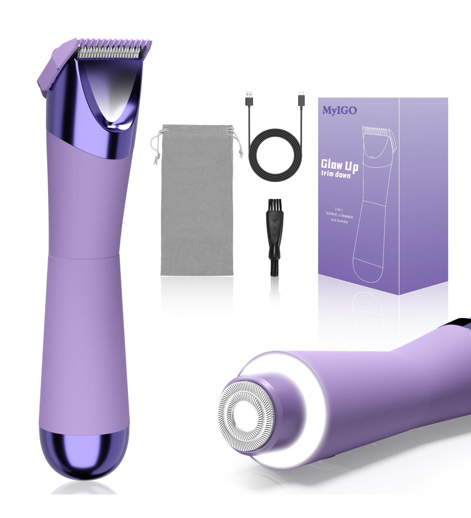Buy Bikini Trimmer for Women - 2 in 1 Electric Shaver & Waterproof Pubic Hair Remover - USB-C Charging Painless with Dual Lights in Purple - Buy Online on GoSupps.com