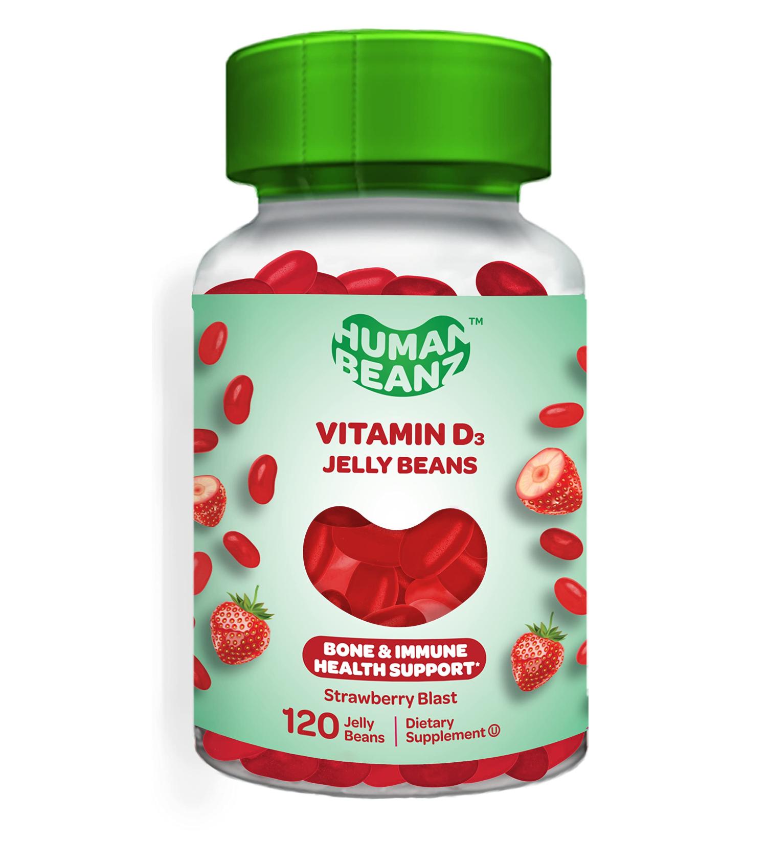 Human Beanz Vitamin D3 Jelly Bean Gummies 2000 IU for Adults Immunity Support - 120 Strawberry Blast Jelly Beans - Buy Online on GoSupps.com