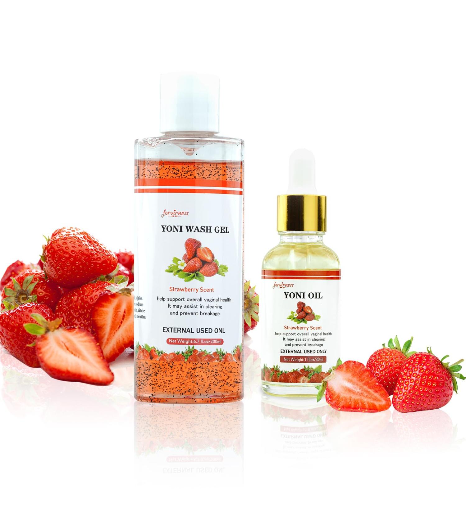 Natural Feminine Wash & Yoni Oil Set - pH Balanced Odor Removal Strawberry Scent - 1 fl.oz Oil & 6.7 fl.oz Vaginal Cleanser for Women - Buy Online on GoSupps.com
