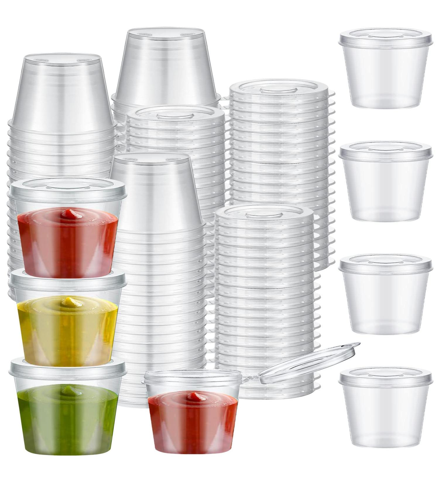 60 Pack 1 oz Plastic Condiment Cups with Lids - Leak Proof Mini Sauce Containers for Salad Dressing - Disposable Portion Souffle Cups for Sauces and Jelly Shots - Buy Online on GoSupps.com