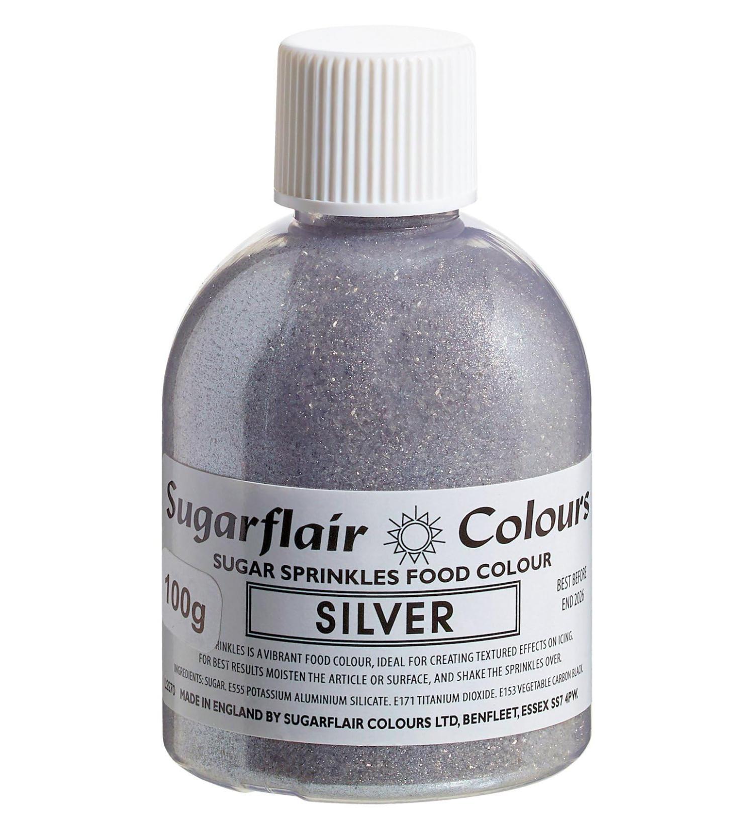 Sugarflair Silver Edible Glitter Sugar Sprinkles - for Cake Decorating Sprinkle on Cakes Cupcakes Treats Desserts Ice Cream and Deserts - 100g