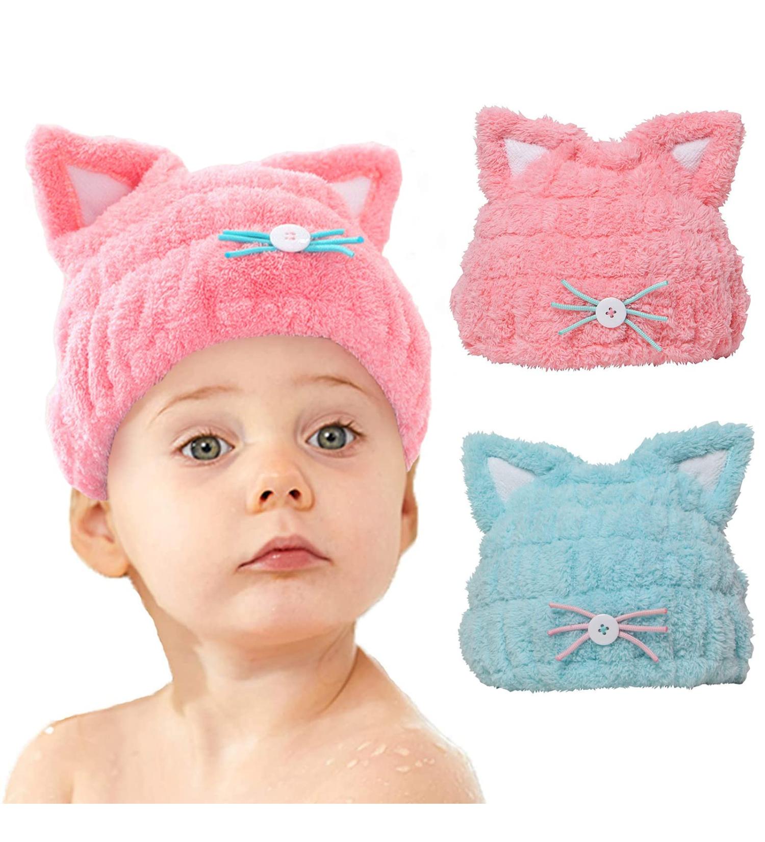 Kids Microfiber Hair Towel Wrap with Cute Ears Cap - Quick Drying & Absorbent | Blue & Pink - Buy Online on GoSupps.com