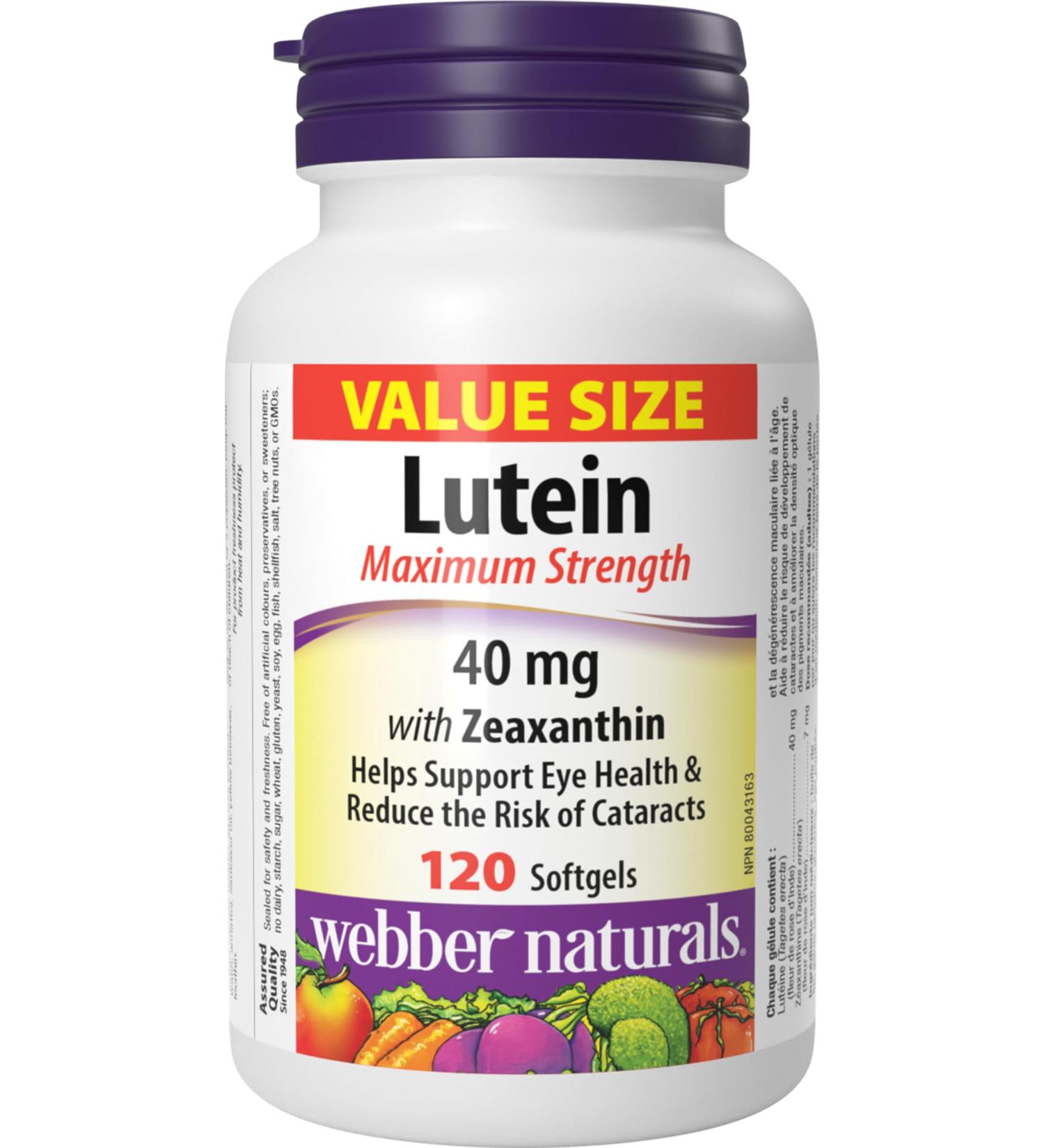 Webber Naturals Lutein 40 mg with Zeaxanthin Maximum Strength 120 Softgels Supports Eye Health SUPPLEMENT - Buy Online on GoSupps.com