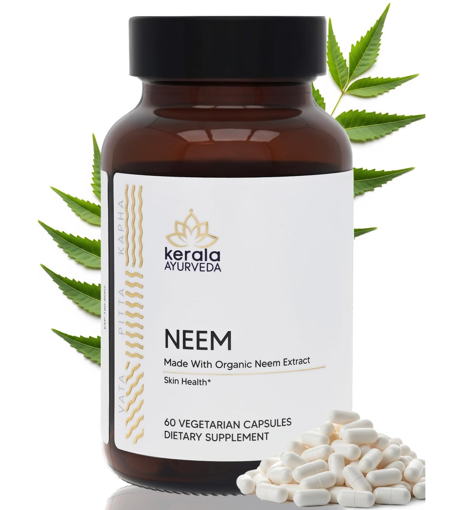 Kerala Ayurveda Organic Neem Tablets (60 Capsules) | Promotes Clear Skin Immune Support | Liver Support Herbal Supplement Detox Aid Containing Antioxidants for Youthful Appearance | Prop65 Compliant - Buy Online on GoSupps.com