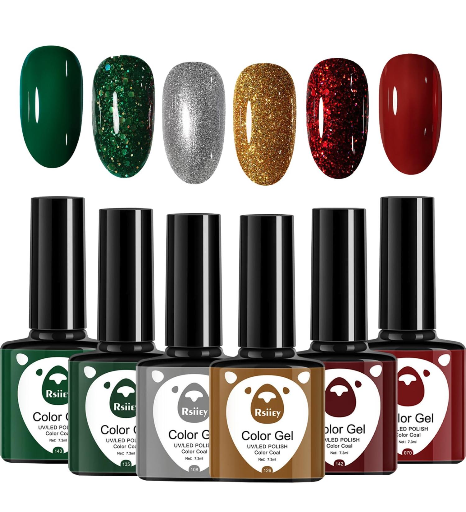 Christmas Gel Nail Polish Set Glitter Red Green Gold Silver 6 Colors Burgundy Dark Red Soak Off LED/UV Lamp Manicure Nail Varnish Sets for Women Nail Art Salon DIY Home - Buy Online on GoSupps.com