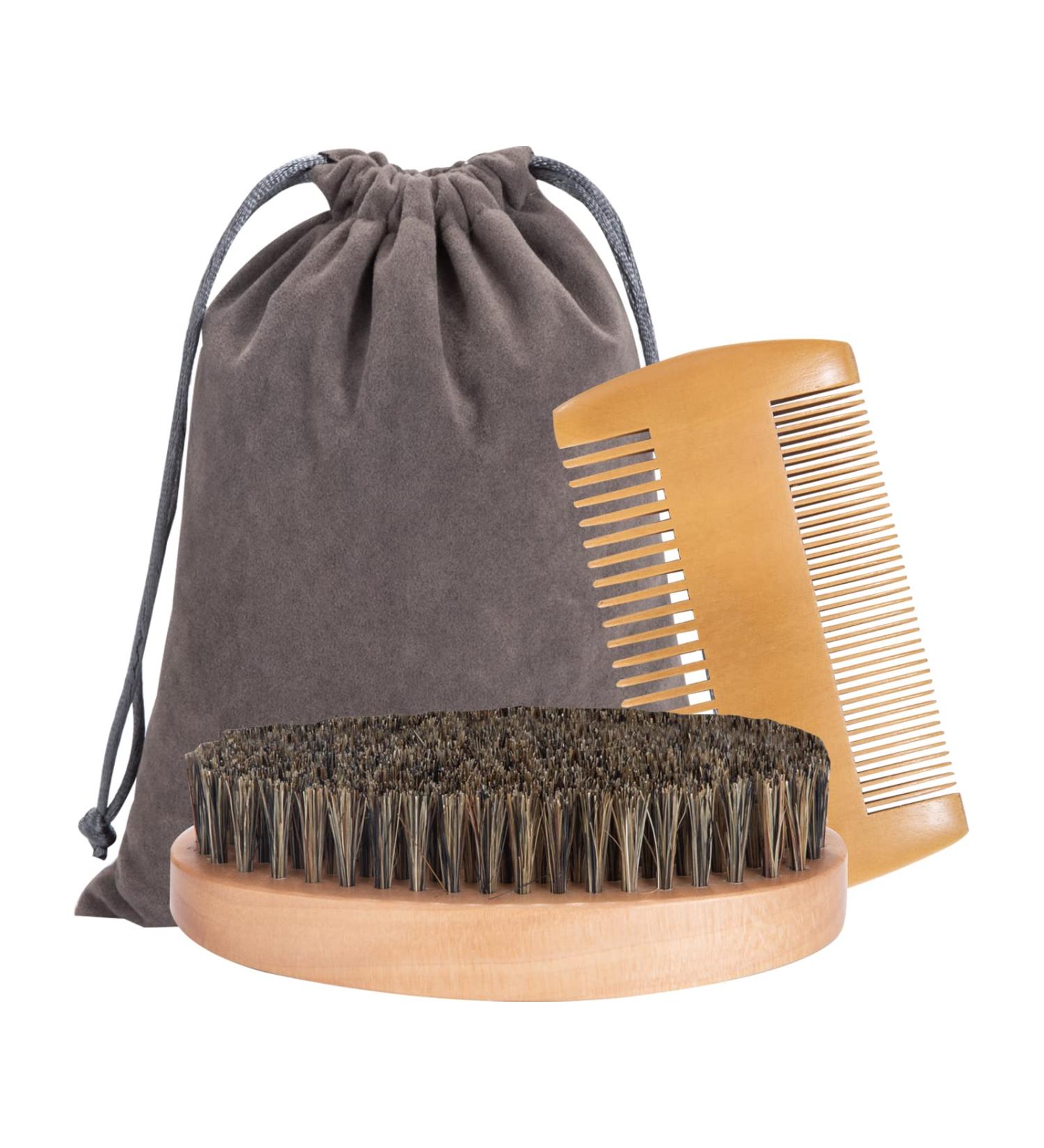 3pc Beard Comb Brush Set with Natural Boar Bristle and Wood Combs - Men's Grooming Kit with Velvet Travel Pouch - Buy Online on GoSupps.com