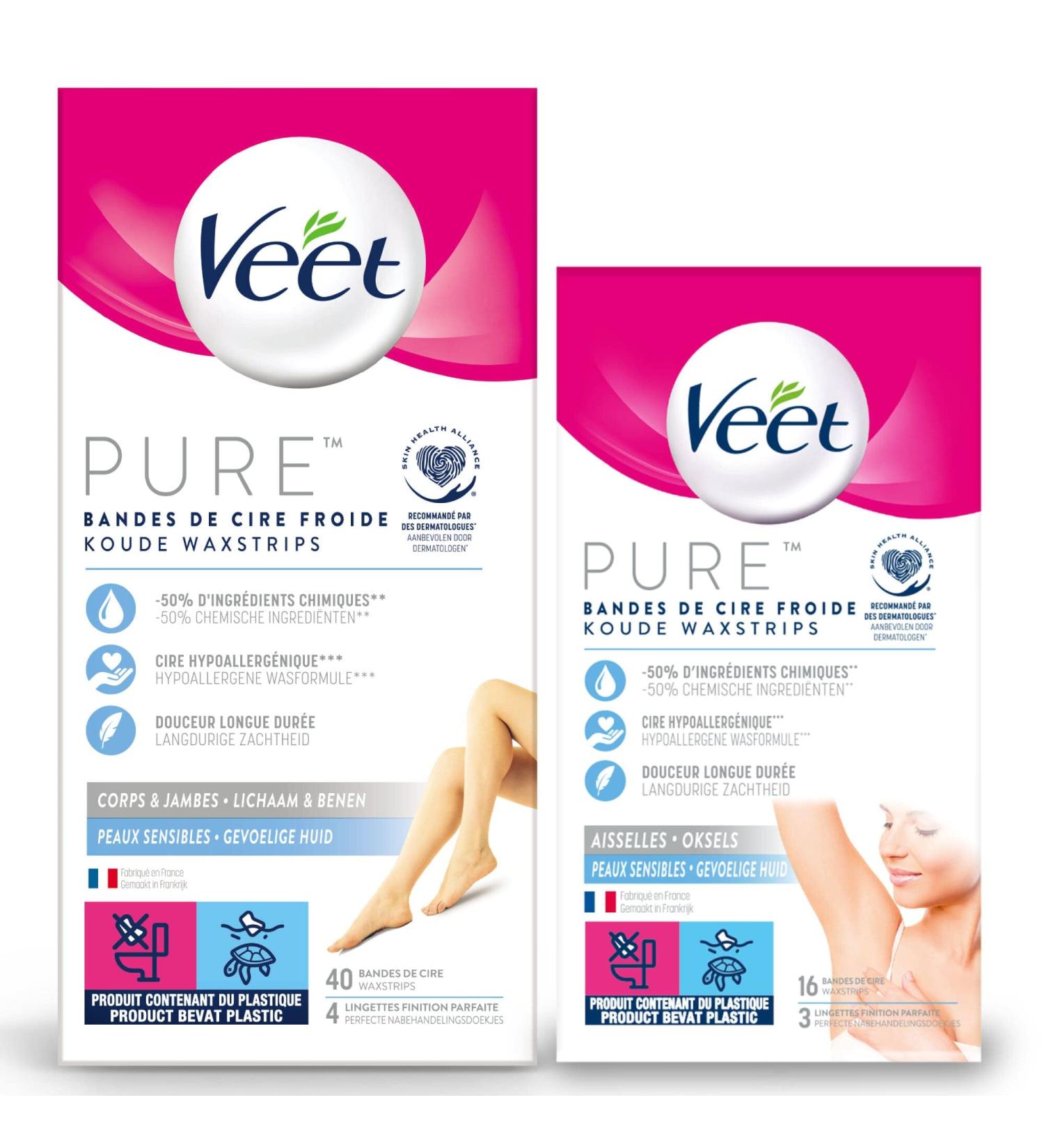 Veet PURE - Lot de 40 Bandes Corps & Jambes et 16 Bandes de cire froide Aisselles - Peaux Sensibles - Recommand s par les Dermatologues - Epilation Longue Dur e 40 Bandes Jambes et 16 Bandes Aisselles - Buy Online on GoSupps.com