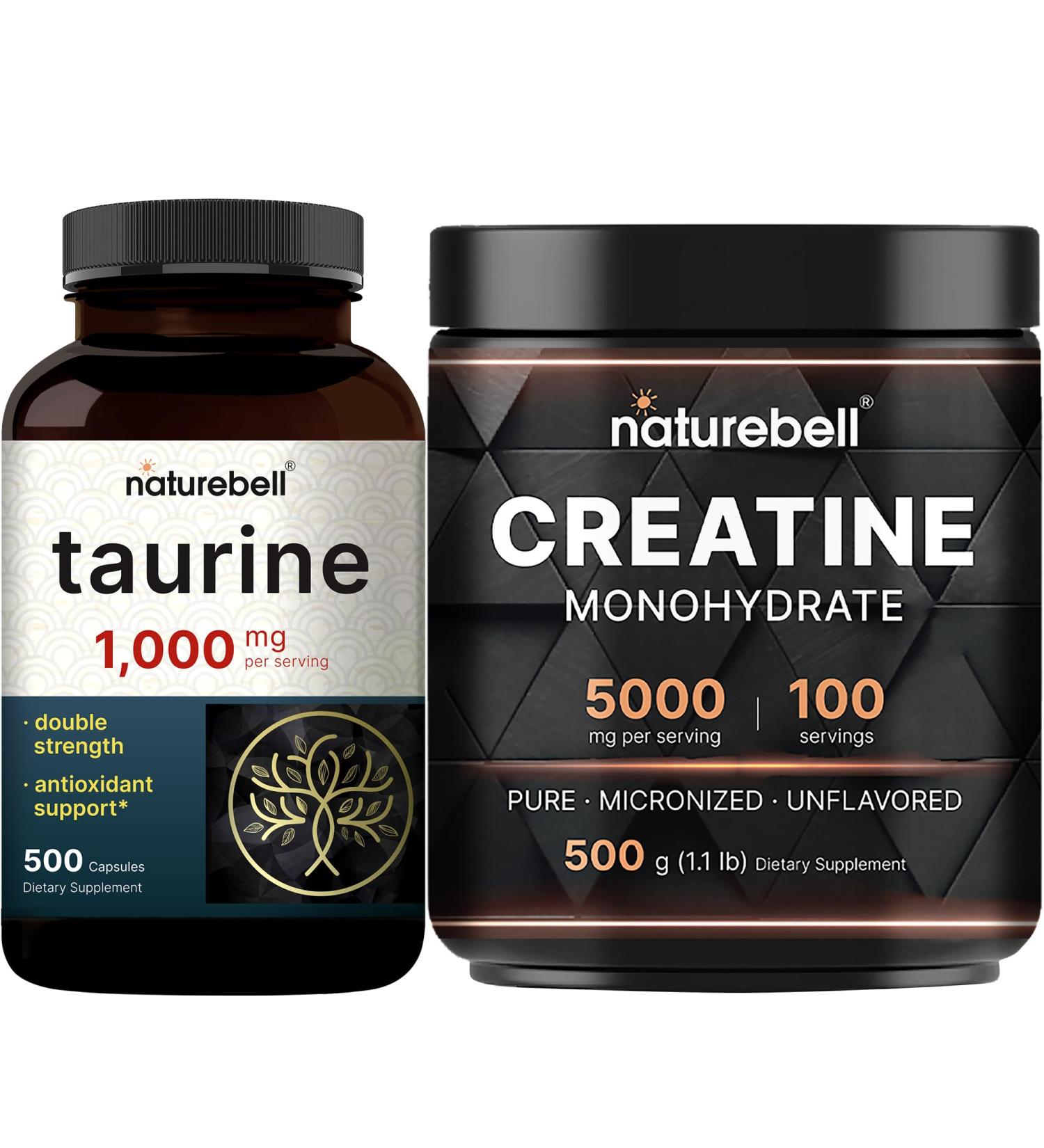NatureBell Creatine Monohydrate Powder & Taurine Capsules 1,000mg Per Serving Bundle Pack | High Absorption Micronized Creatine | Essential Amino Acids Supplement - Buy Online on GoSupps.com