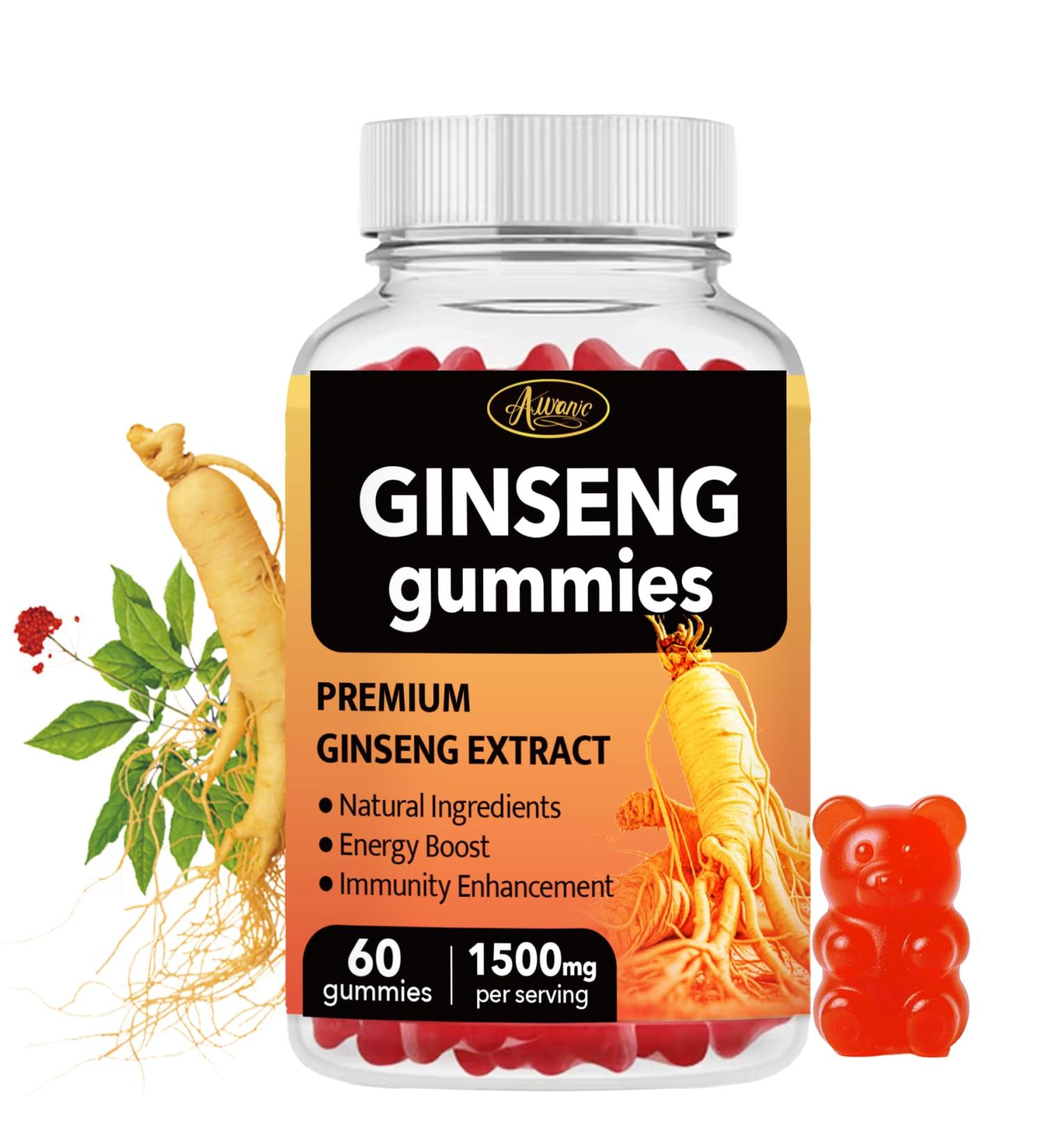 Auranic 60 Count Asian Panax Ginseng Gummies 1500mg Supplements for Men and Women, Energy Maca Ginseng Root Extract Gummies for Memory & Immunity Support, Pectin-Based Apple Flavored Chews Gummy - Buy Online on GoSupps.com