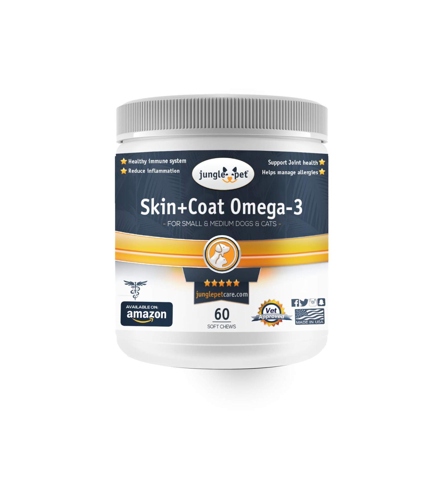 Jungle Pet Dog Skin and Coat Supplement - Fish Oil Soft Chews for Shedding & Allergies - Omega Vitamins for Small/Medium Breeds - 60 Count - Buy Online on GoSupps.com