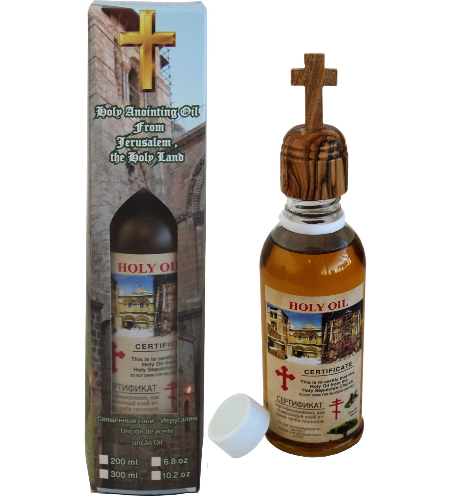 Holy Land Market Holy Anointing Oil from Jerusalem - Holy Sepulcher 200ml Special Box with Certificate Olive Wood Cross on top Holy Oil from Jerusalem 7 Fl Oz (Pack of 1)