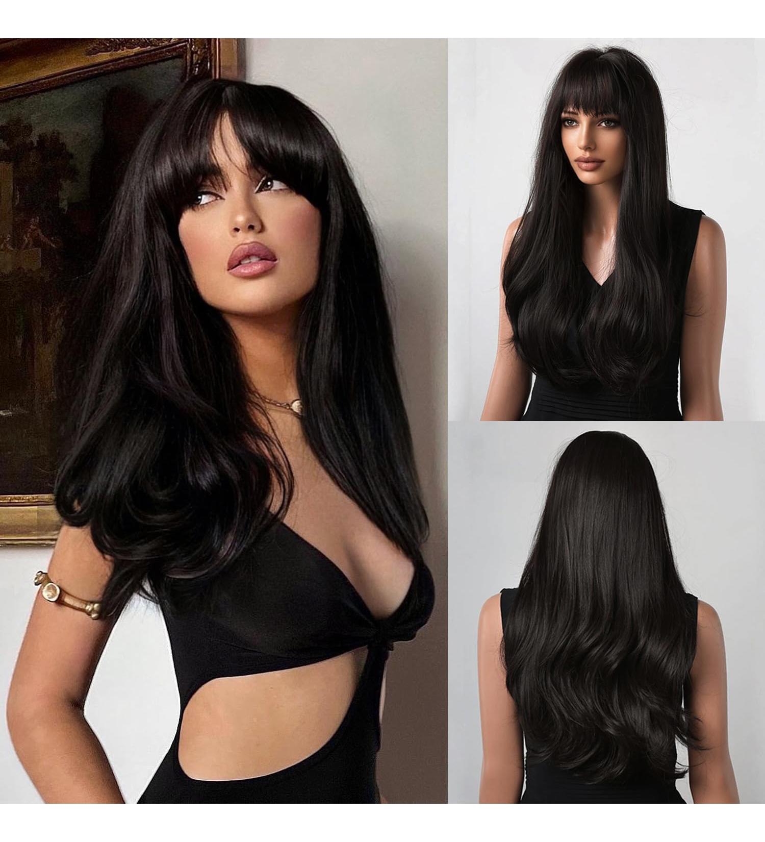 Honybia Black Wig with Bangs - Natural Synthetic Wavy Curly Heat-Resistant Hair for Women | Ideal for Costumes Carnival & Theme Parties - Buy Online on GoSupps.com