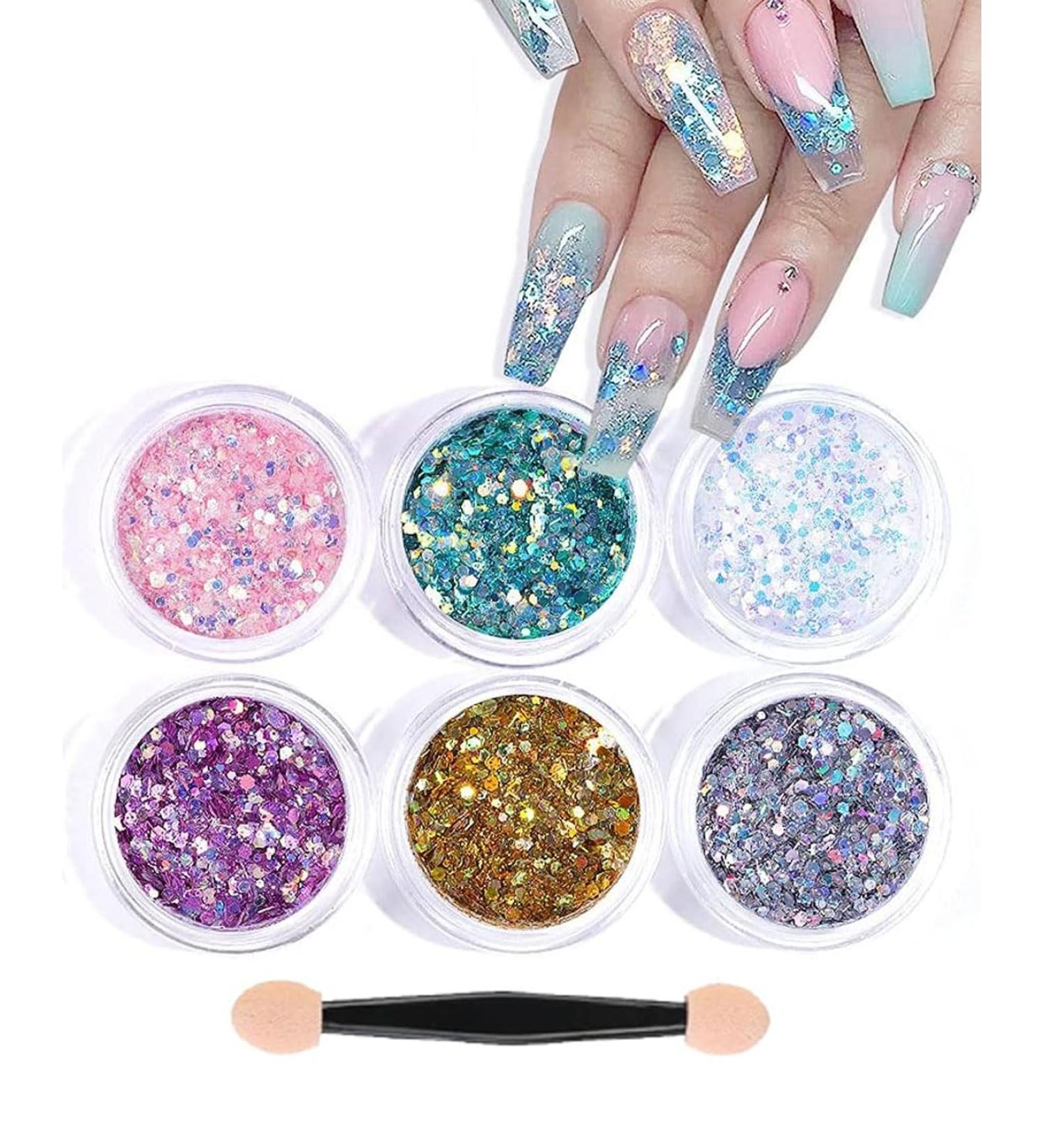  LEEQBCR LEEQBCR 1 set of 6 colors of glitter for gel nails chrome nails with transparent glitter gel glitter - Buy Online on GoSupps.com