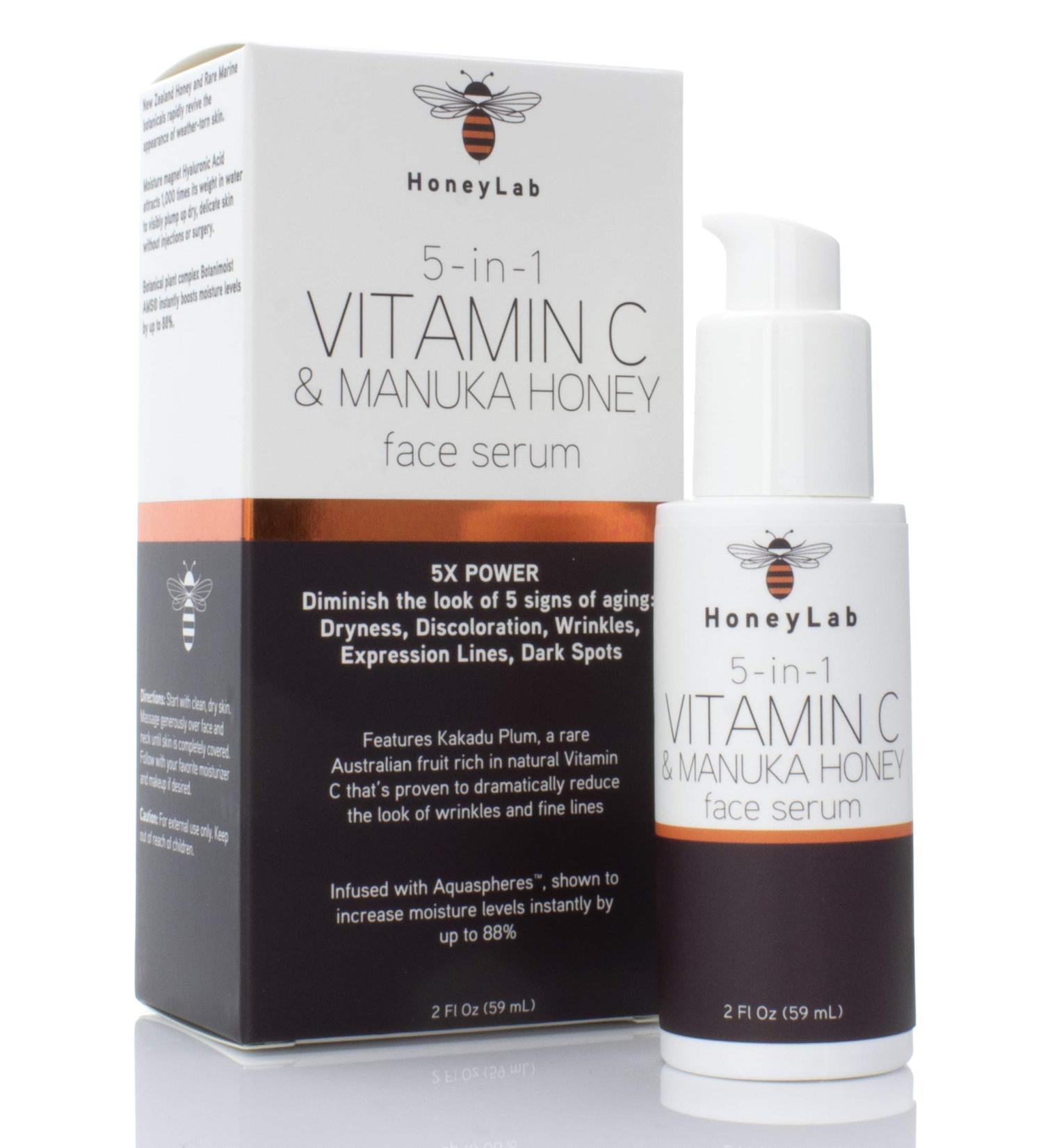 HoneyLab Vitamin C Face Serum with Hyaluronic Acid, Manuka Honey, Peptides & Marine Extracts - Anti-Aging Serum for Dark Spots, Wrinkles, Fine Lines - 2oz - Buy Online on GoSupps.com