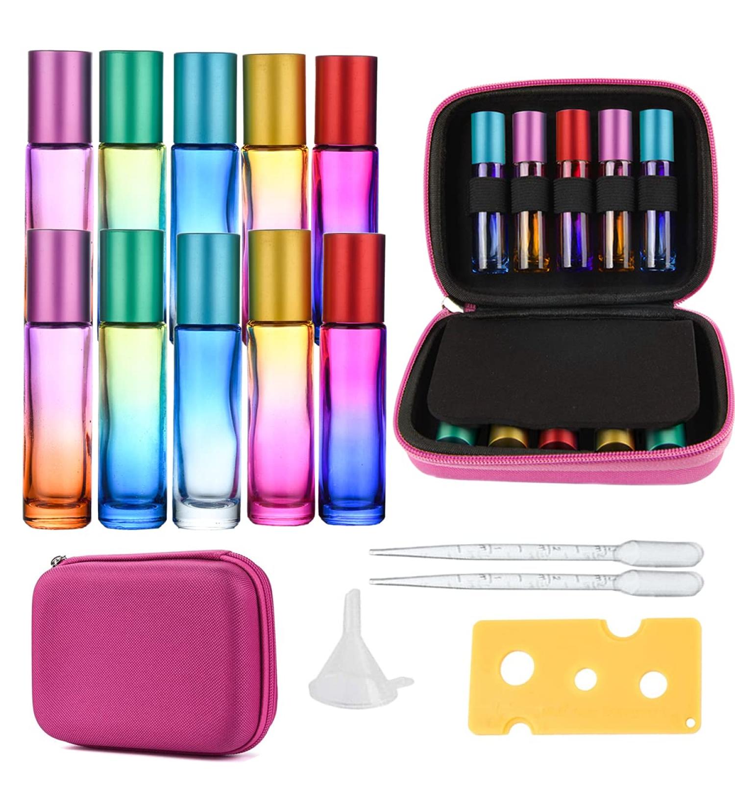 10 Pack Ferry Pier Glass Roller Bottles - Essential Oil Containers for Aromatherapy Home & Travel - 10ml with Carrying Bag - Buy Online on GoSupps.com