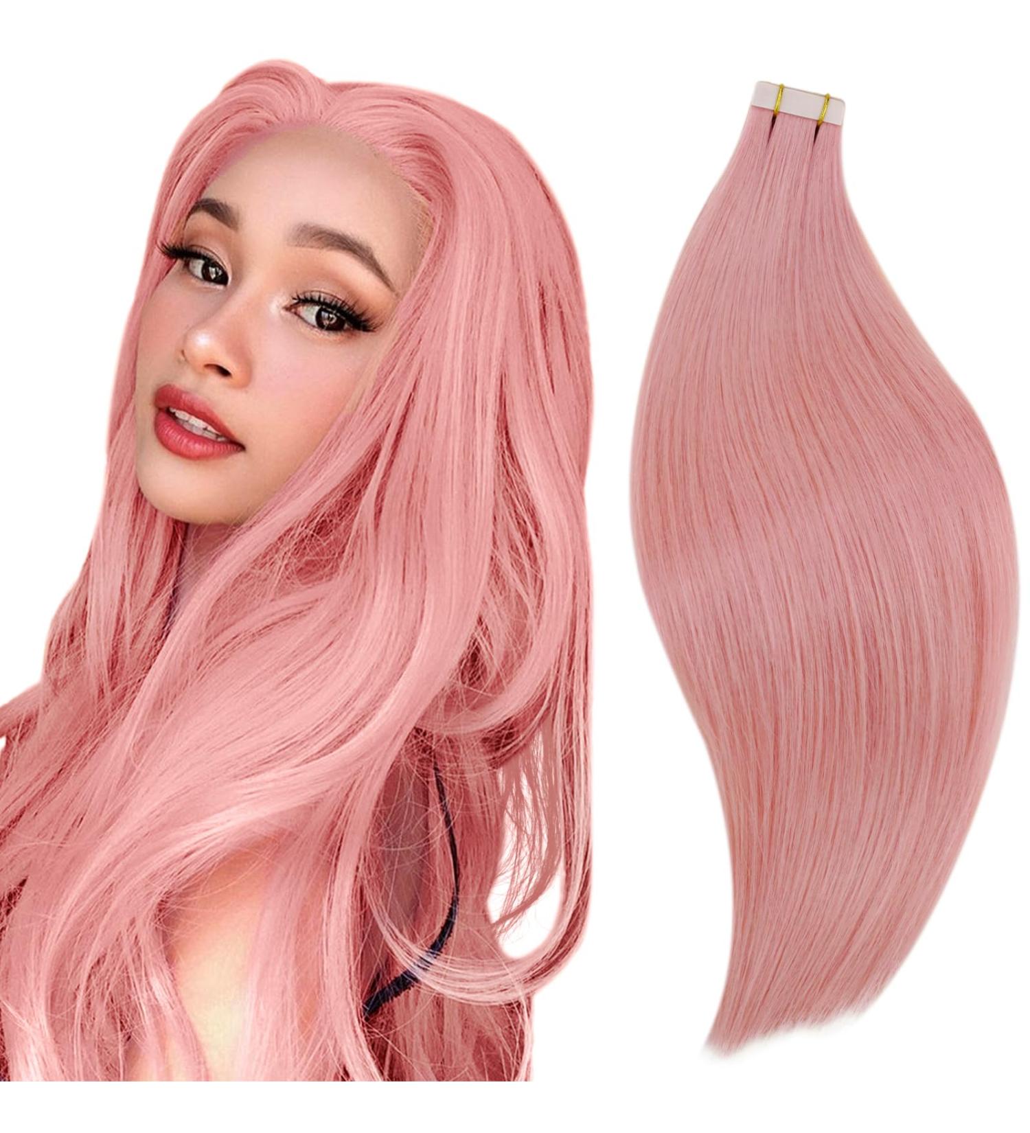 Buy Runature 55cm Pink Real Hair Tape Extensions - Remy Smooth Human Hair - 10pcs 25g #Pink Color - Buy Online on GoSupps.com