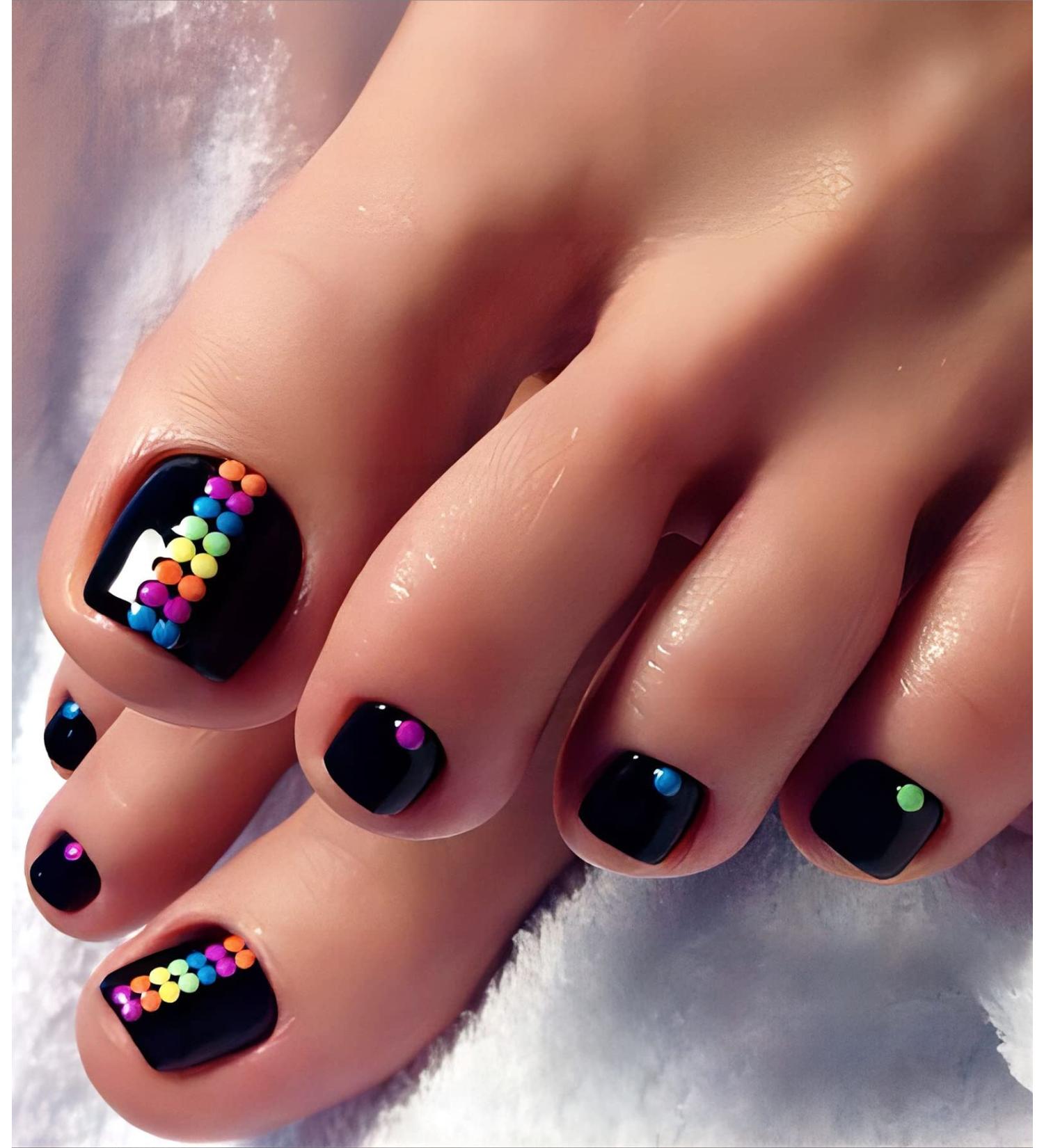 Aegenacess 28pcs Summer Beach Short Toenail Press on False Nail Tips - Black Mixed Dots - Pedicure Kit for Women and Girls - Buy Online on GoSupps.com