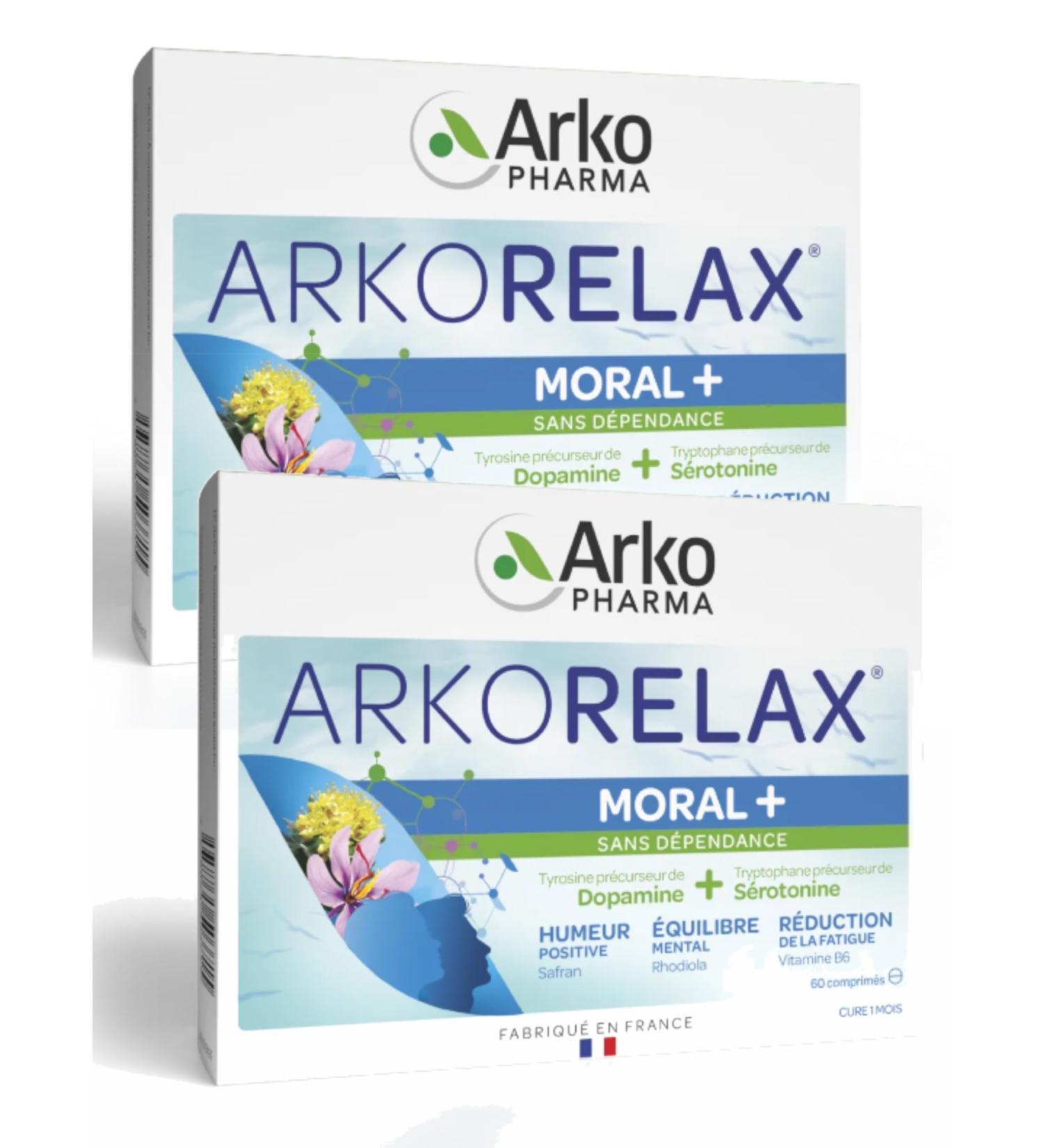 Arkopharma Arkorelax Moral+ 60 Tablets - Positive Mood, Mental Balance, Fatigue Reduction, Rhodiola Vit B6 Saffron - Pack of 2 Boxes of 60 Capsules
