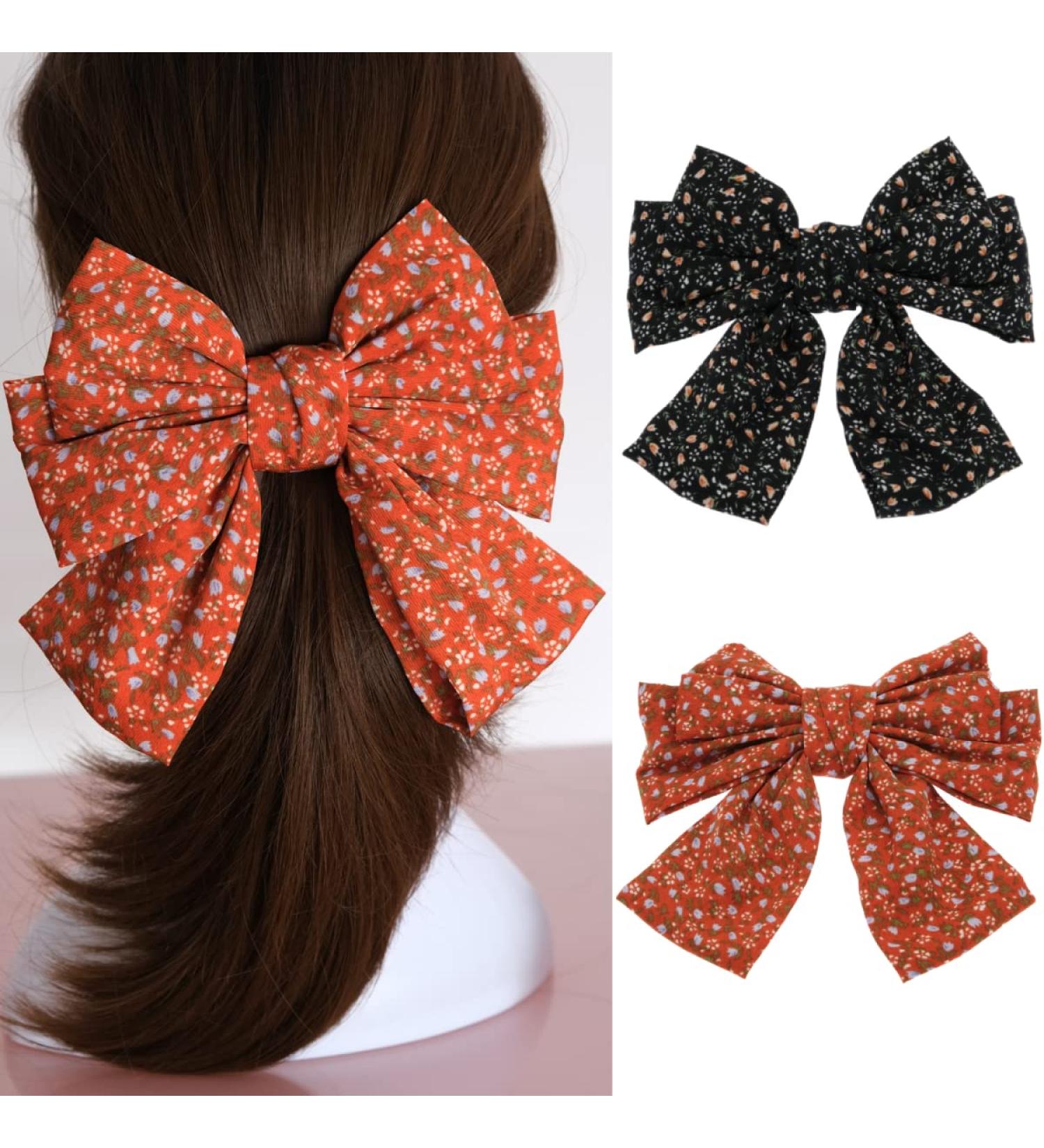 Chic Aysekone 2-Piece Chiffon Hair Bows Set - Orange & Black | Large Hair Clips for Women & Girls - Daisy & Floral Design - Buy Online on GoSupps.com