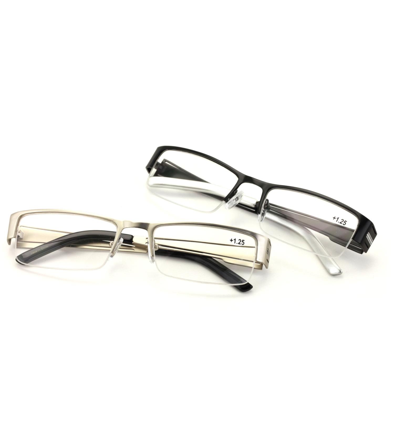 Men's Rectangular Half Rimless Metal Reader Glasses - Sophisticated Silver & Black (2.00) - International Shipping Available - Buy Online on GoSupps.com