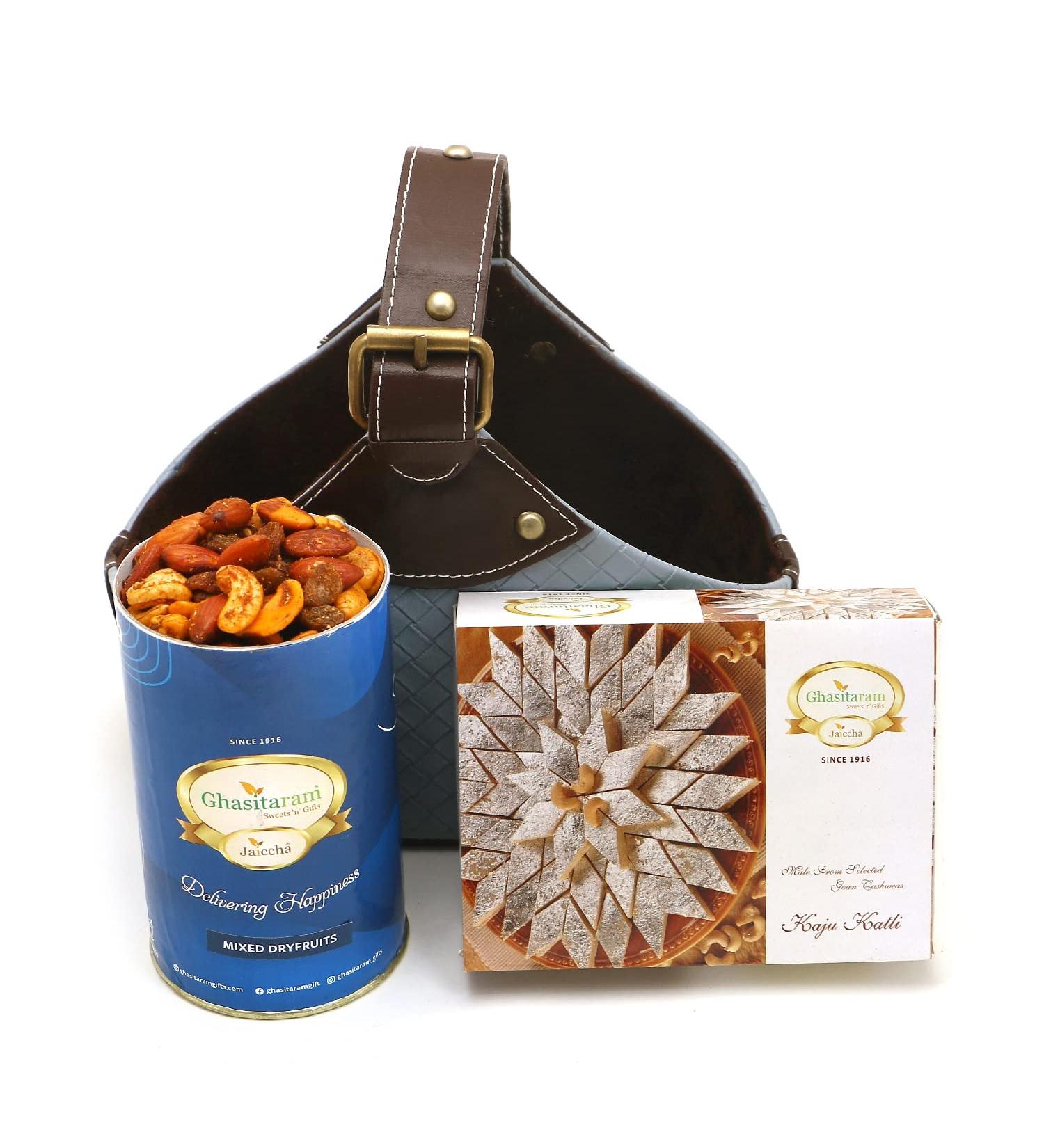 Jaiccha Ghasitaram Leather Buckle Basket Small of Mixed Dryfruits and Kaju Katli|Gift for Diwali Gifts Holi Rakhi Valentine Christmas Birthday Anniversary Her Him| - Buy Online on GoSupps.com