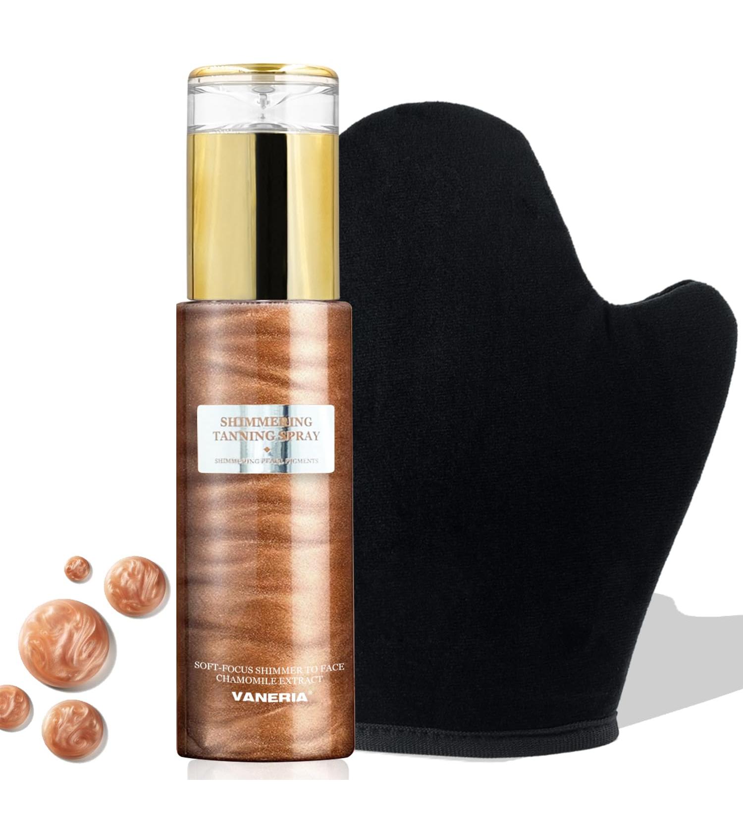 VANERIA Shimmering Spray Tanning | Long-Lasting Instant Tan Spray with Mitt | Streak-Free Hydrating Self Tanner | 80ml Bronze Gold International Shipping - Buy Online on GoSupps.com