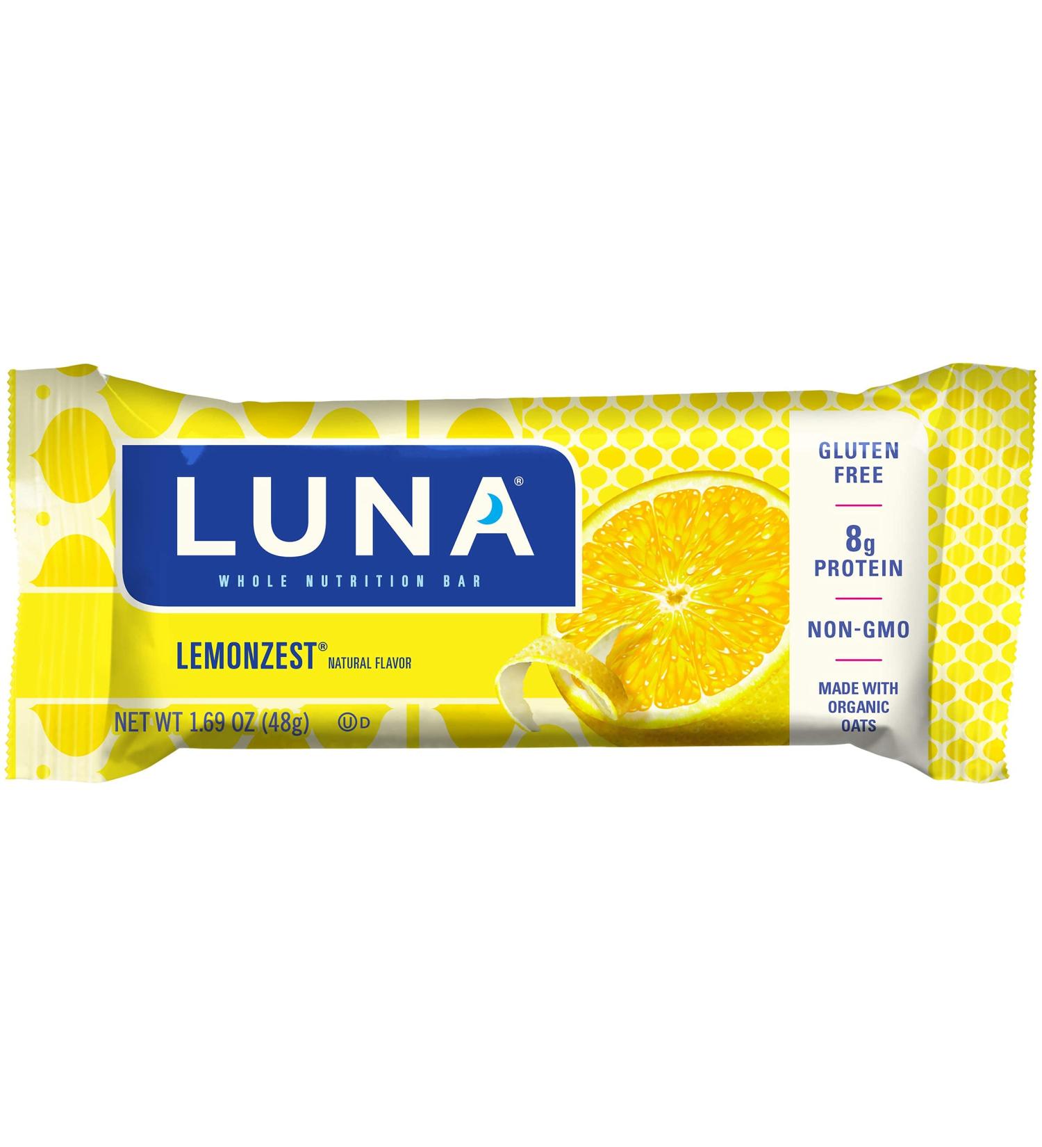 CLIF LUNA Luna BAR - Gluten Free Snack Bars - Lemon Zest -8g of Protein - Non-GMO - Plant-Based Wholesome Snacking - On The Go Snacks (1.69 Ounce Snack Bars, 15 Count) - Pack of 2