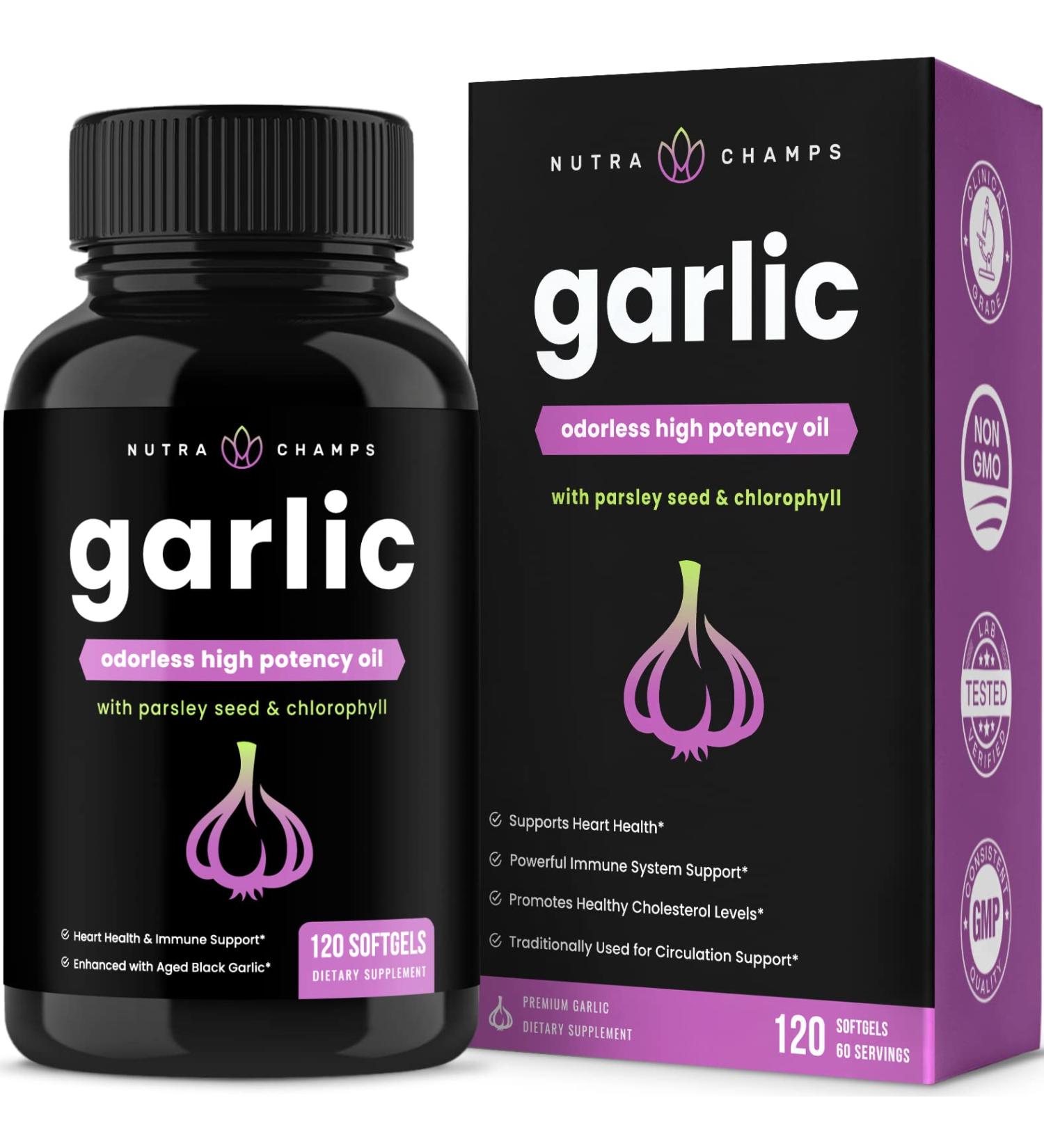 1000mg Odorless Garlic Pills: Immune & Heart Support Supplement with Parsley & Black Garlic Extract - Extra Strength Softgels - Buy Online on GoSupps.com