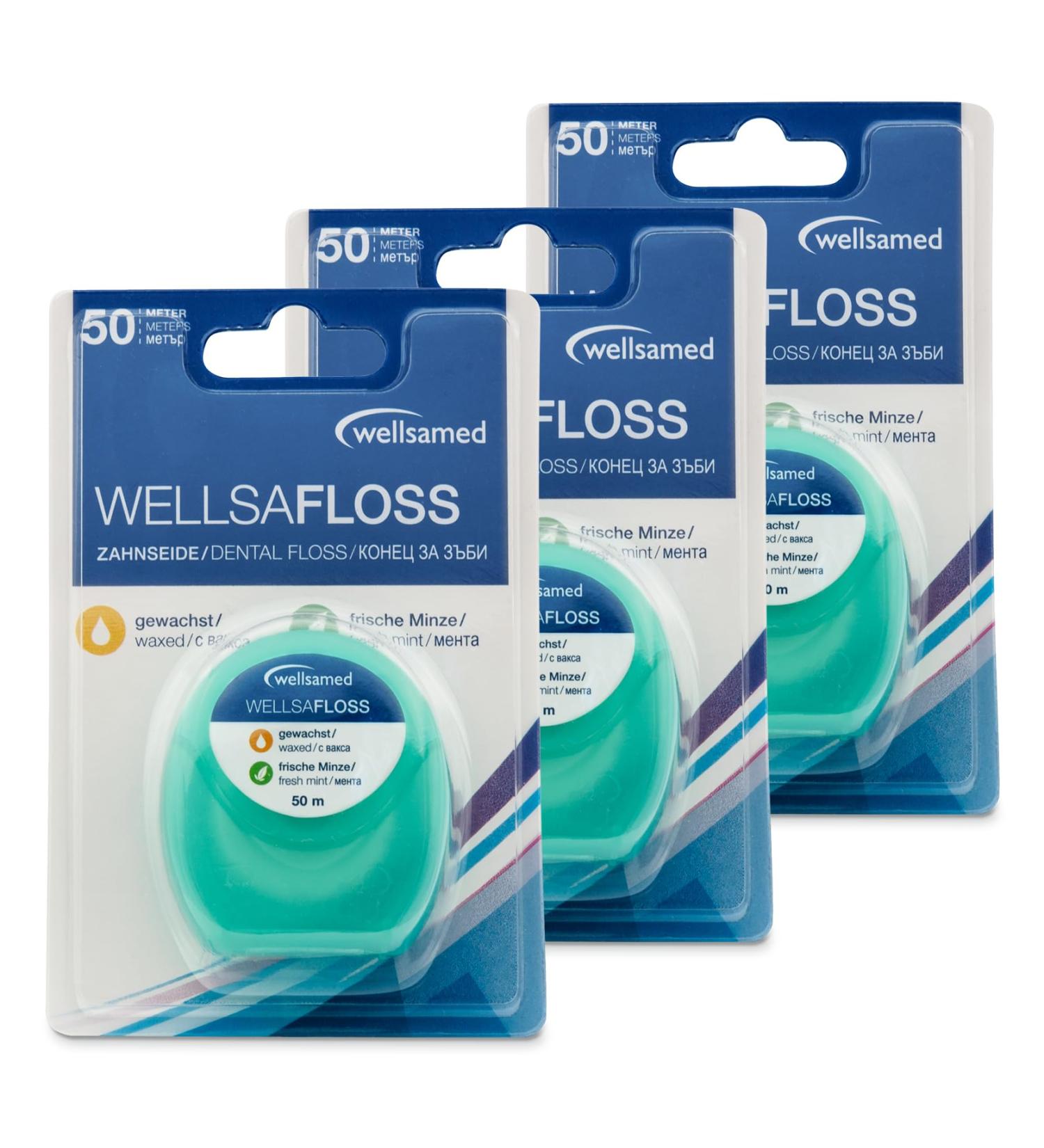 Wellsamed Dental Floss 50m Dispenser - Mint Flavour 3 Pieces - Essential Interdental Cleaning for Healthy Teeth - Buy Online on GoSupps.com