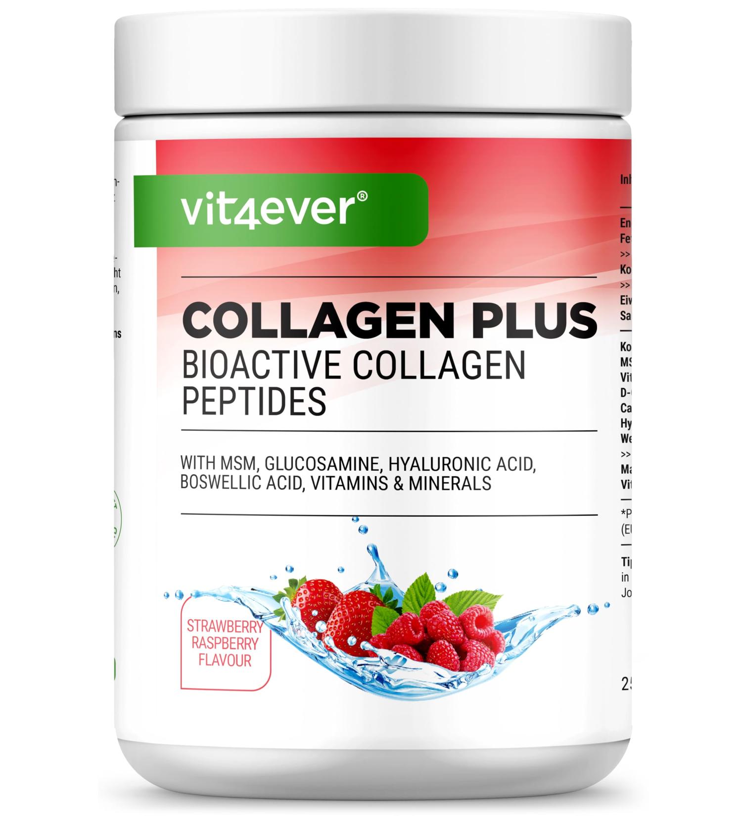 Collagen Plus - 500g Powder with MSM Glucosamine HCL Hyaluronic Acid Frankincense Extract - 100% Bioactive Collagen Hydrolysate Peptide - Collagen Type 1 2 & 3 - Raspberry Strawberry - Buy Online on GoSupps.com