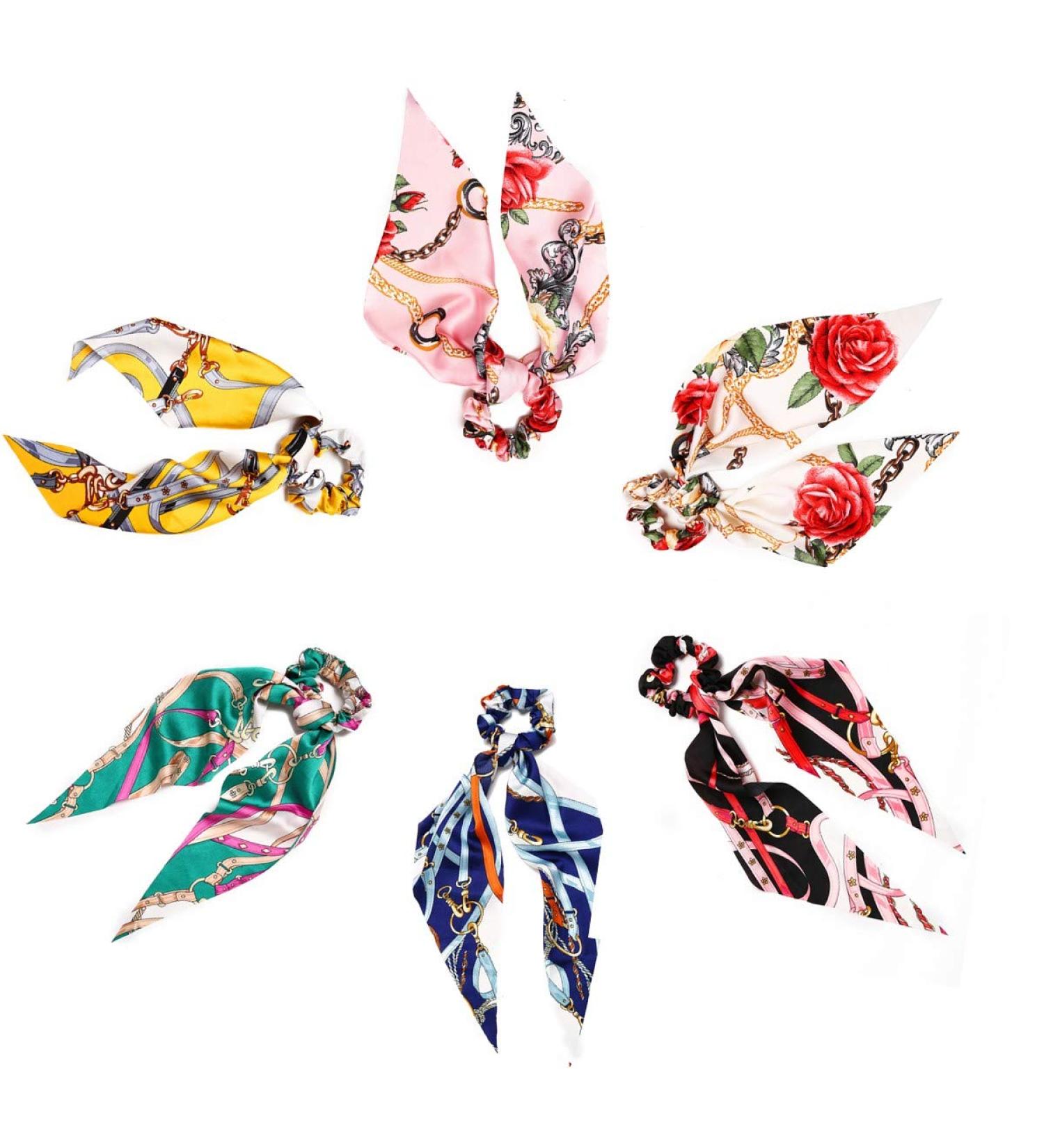 Vintage Floral Satin Bowknot Scrunchies Hair Ties Set with Pearl 6 PCS for Women & Girls - Buy Online on GoSupps.com