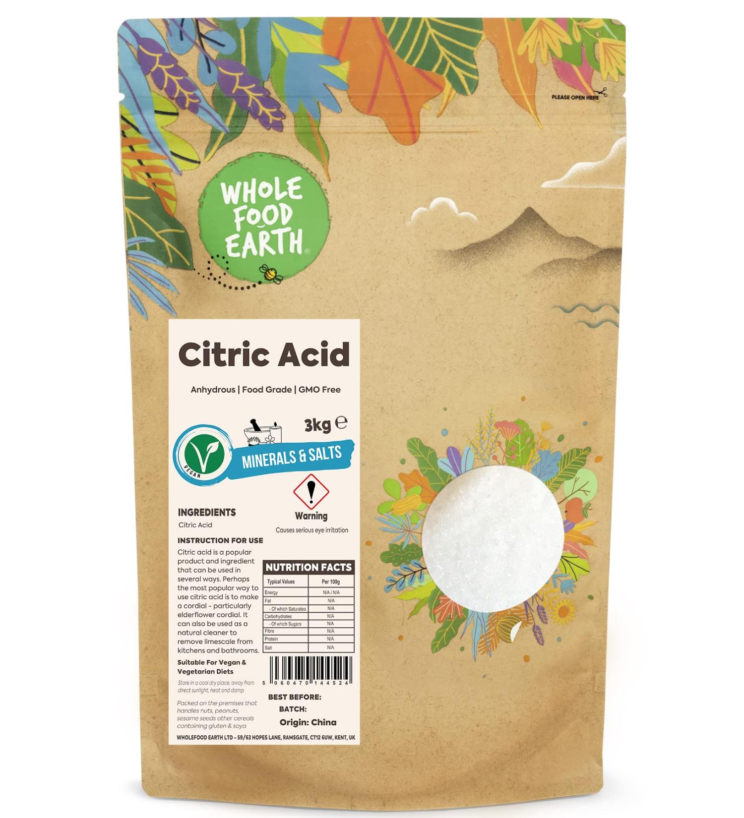Wholefood Earth Citric Acid 3kg - Pure Anhydrous Food Grade - Buy Online on GoSupps.com