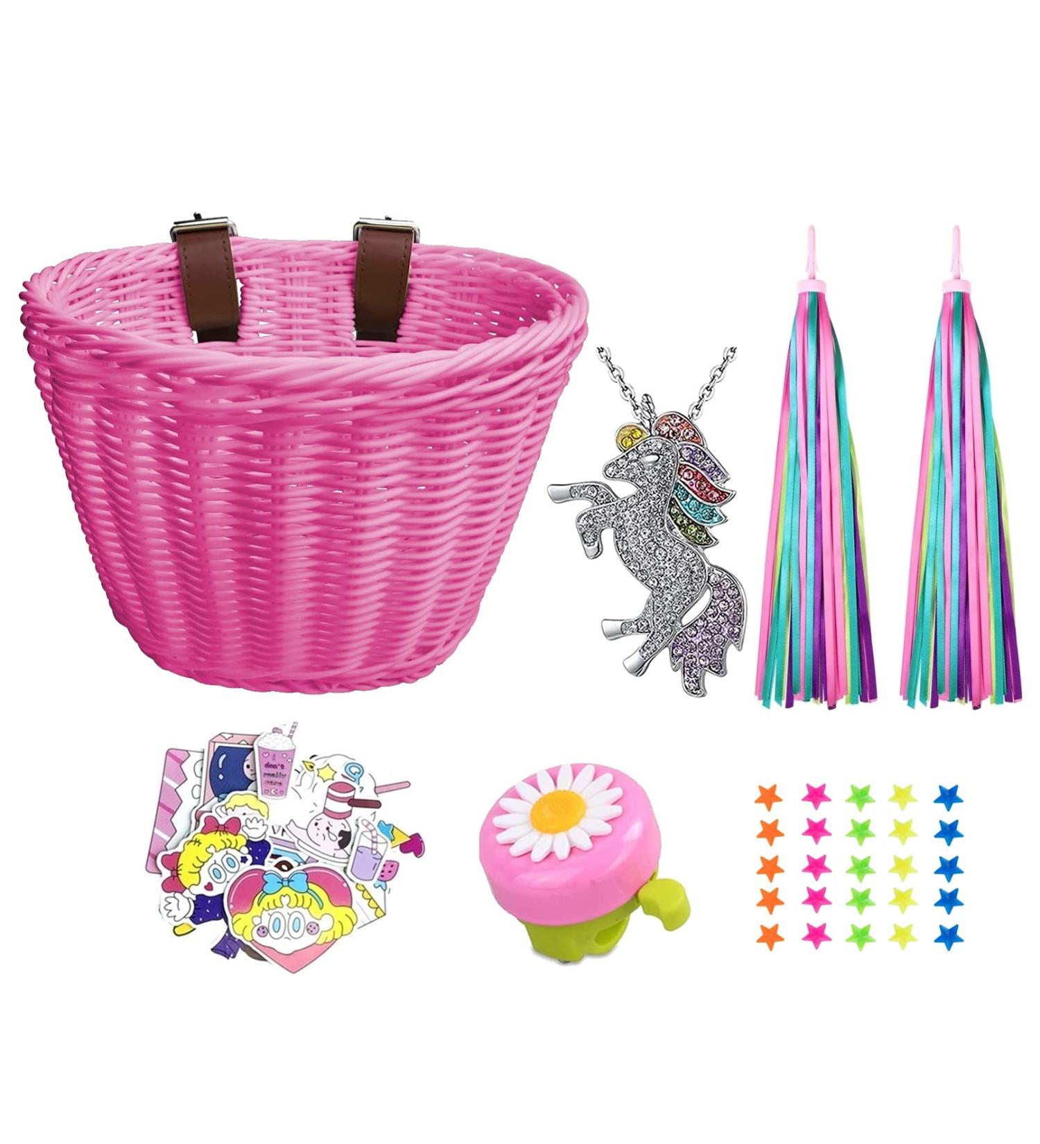 Kids Bike Basket Set with Unicorn Necklace, Bell, Streamers & Stickers - Pink Bicycle Decoration Accessories - Buy Online on GoSupps.com