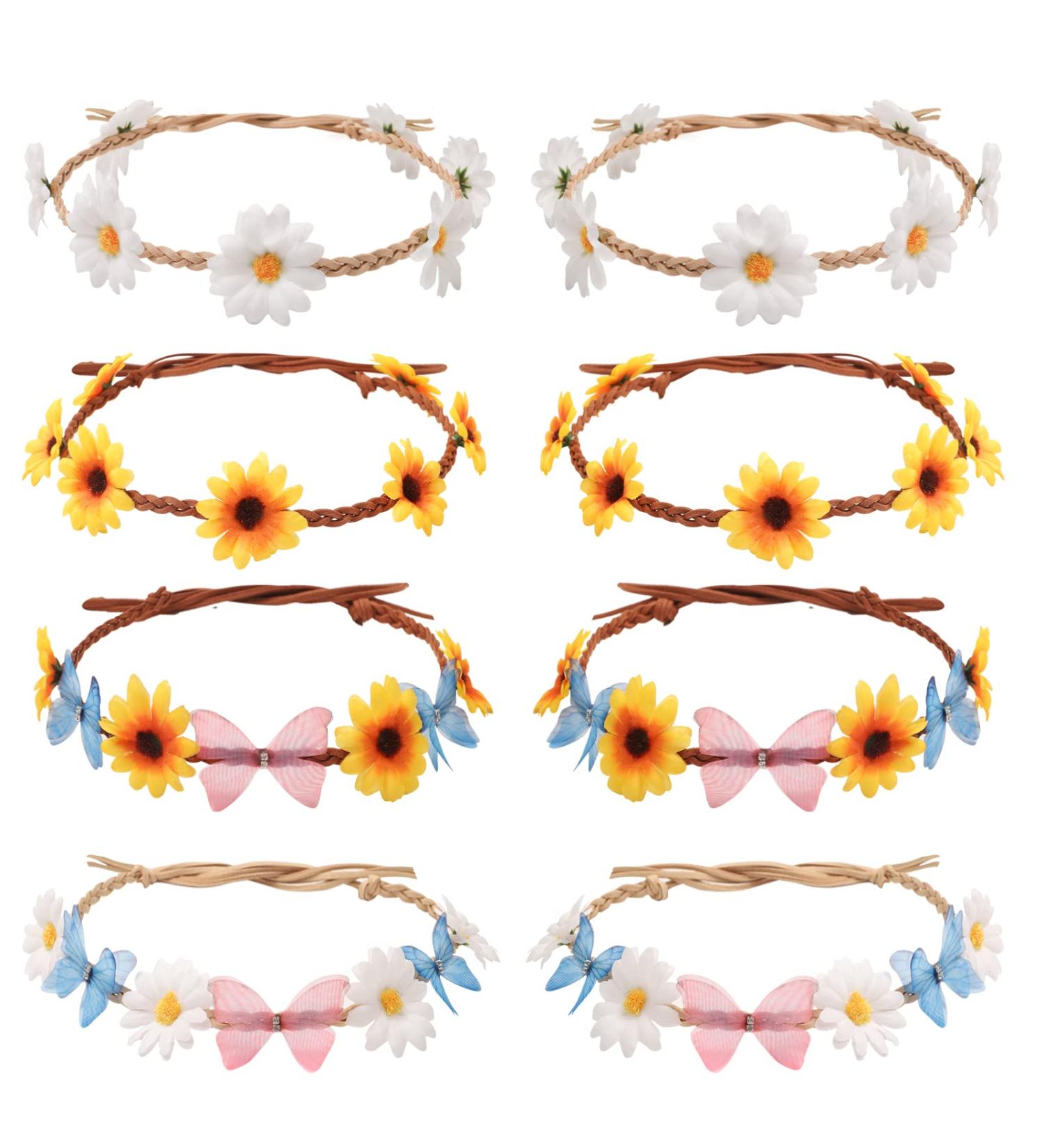 AWAYTR Sunflower Headband Hippie Flower Crown for Women - Set of 8 | Adjustable Daisy Hair Wreath for Girls - Mixed Color Sunflower Hair Accessories - Buy Online on GoSupps.com