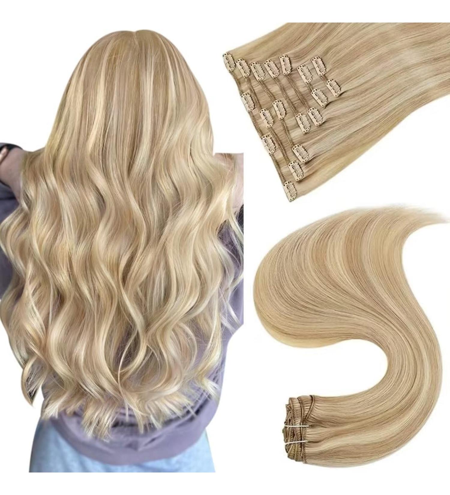 Easyouth Blonde Highlight Clip in Hair Extensions - Remy Human Hair, 22 Inch, 120g, 7Pcs #24P613 (#27P613) - Buy Online on GoSupps.com