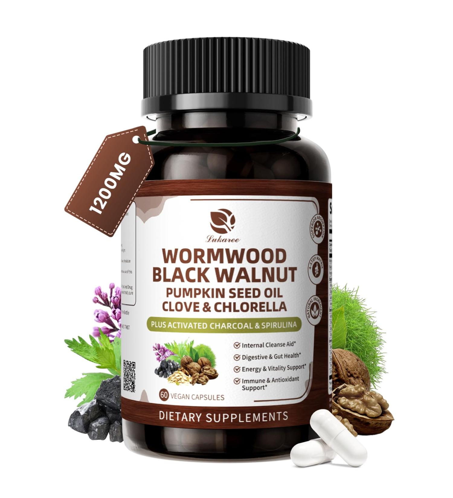 Lukaree Wormwood Black Walnut Cleanse for Human 1200mg Ultra Gut Cleanse & Digestive Health w/Pumpkin Seed Oil Clove Activated Charcoal -10X Concentrated Men & Women Probiotic Capsules -Vegan 60 CT 60 Count (Pack of 1) - Buy Online on GoSupps.com