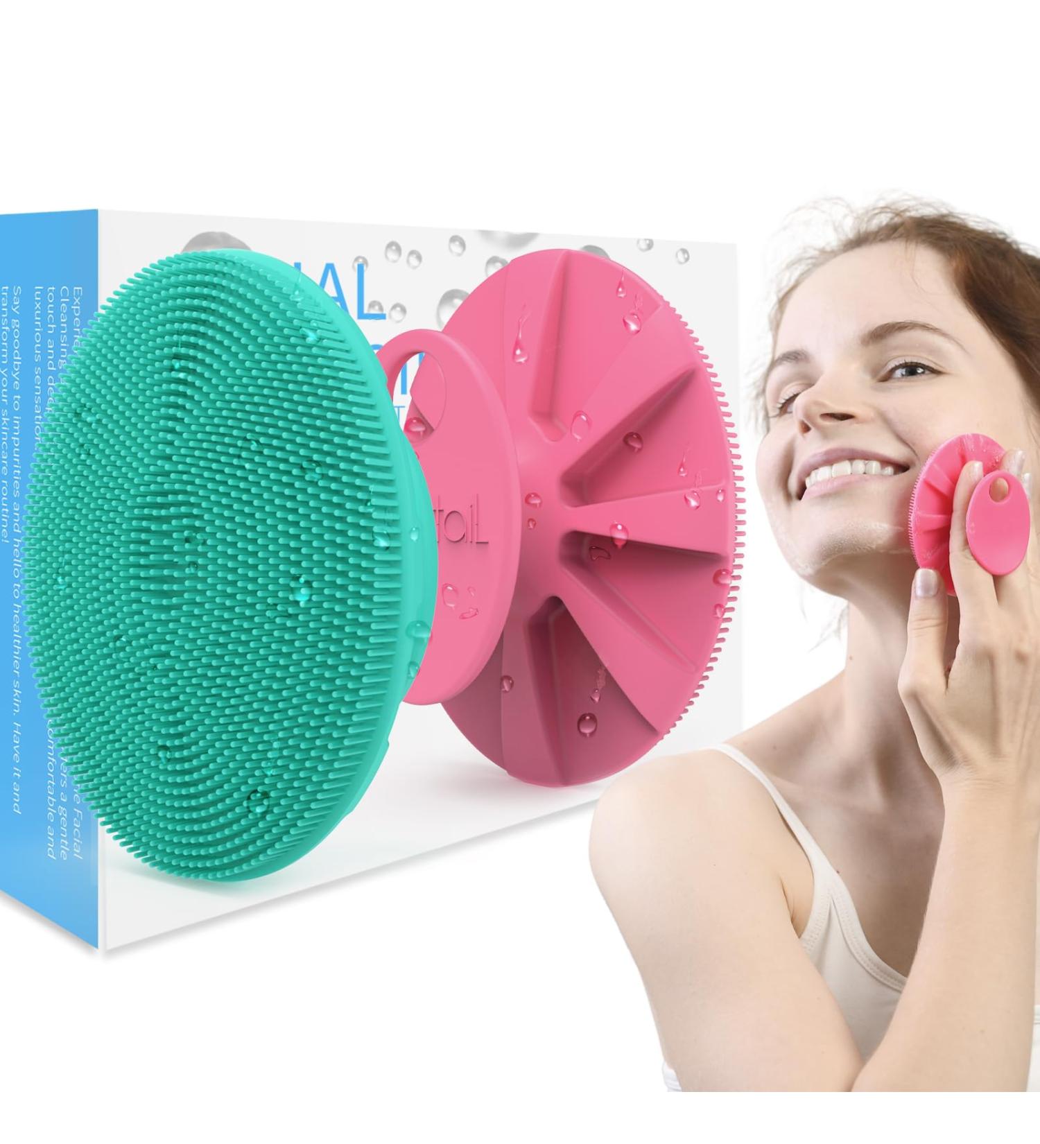 Silicone Face Scrubber 2 Pack - Gentle Exfoliating Facial Cleansing Brush for Sensitive Skin - Skin Care Tool for Men & Women | Rose & Green - Buy Online on GoSupps.com