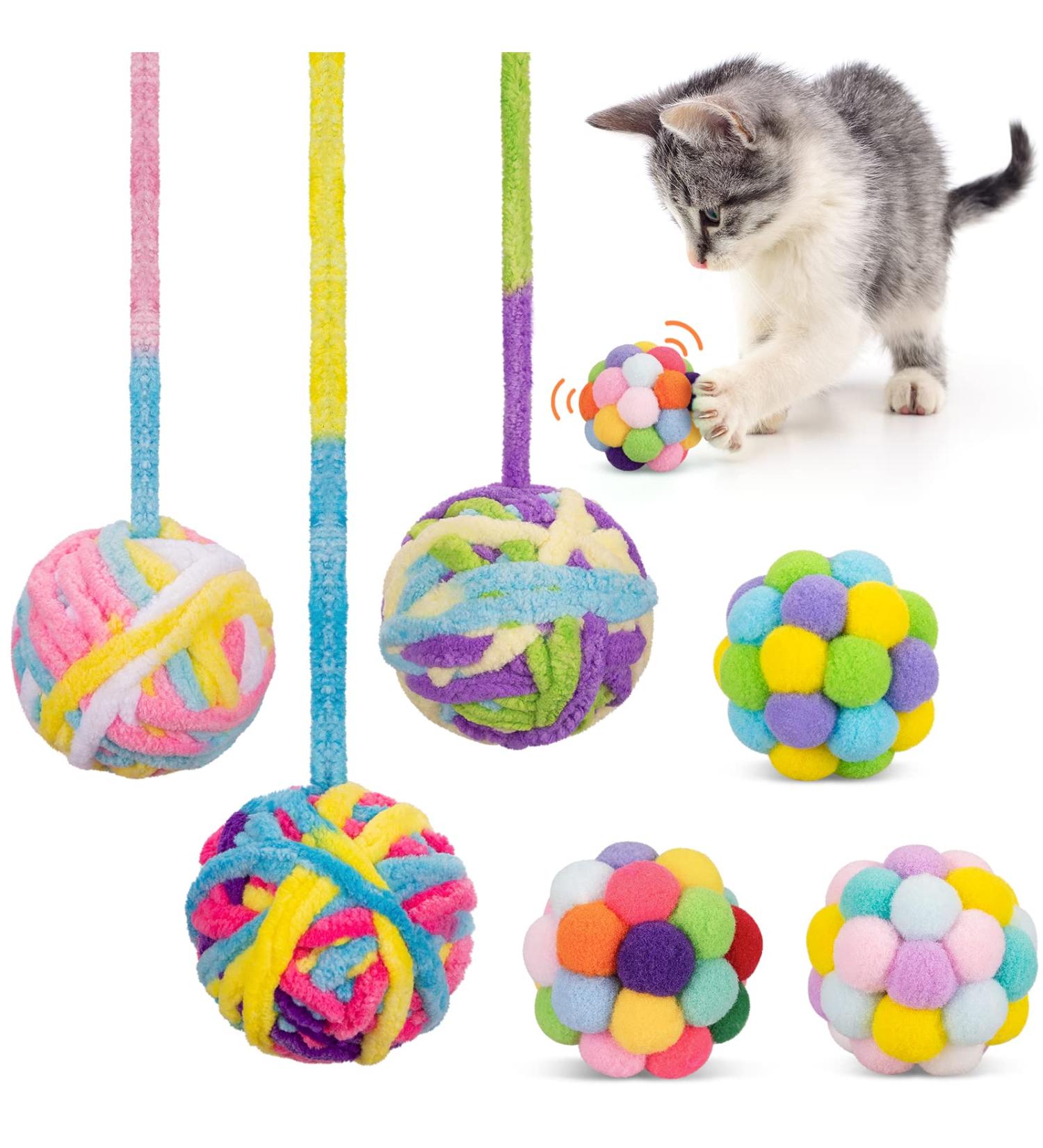 Cat Toys Ball Woolen Yarn Bell Fuzzy Interactive Chew Toy for Indoor Cats & Kittens - 6 Pack - Buy Online on GoSupps.com