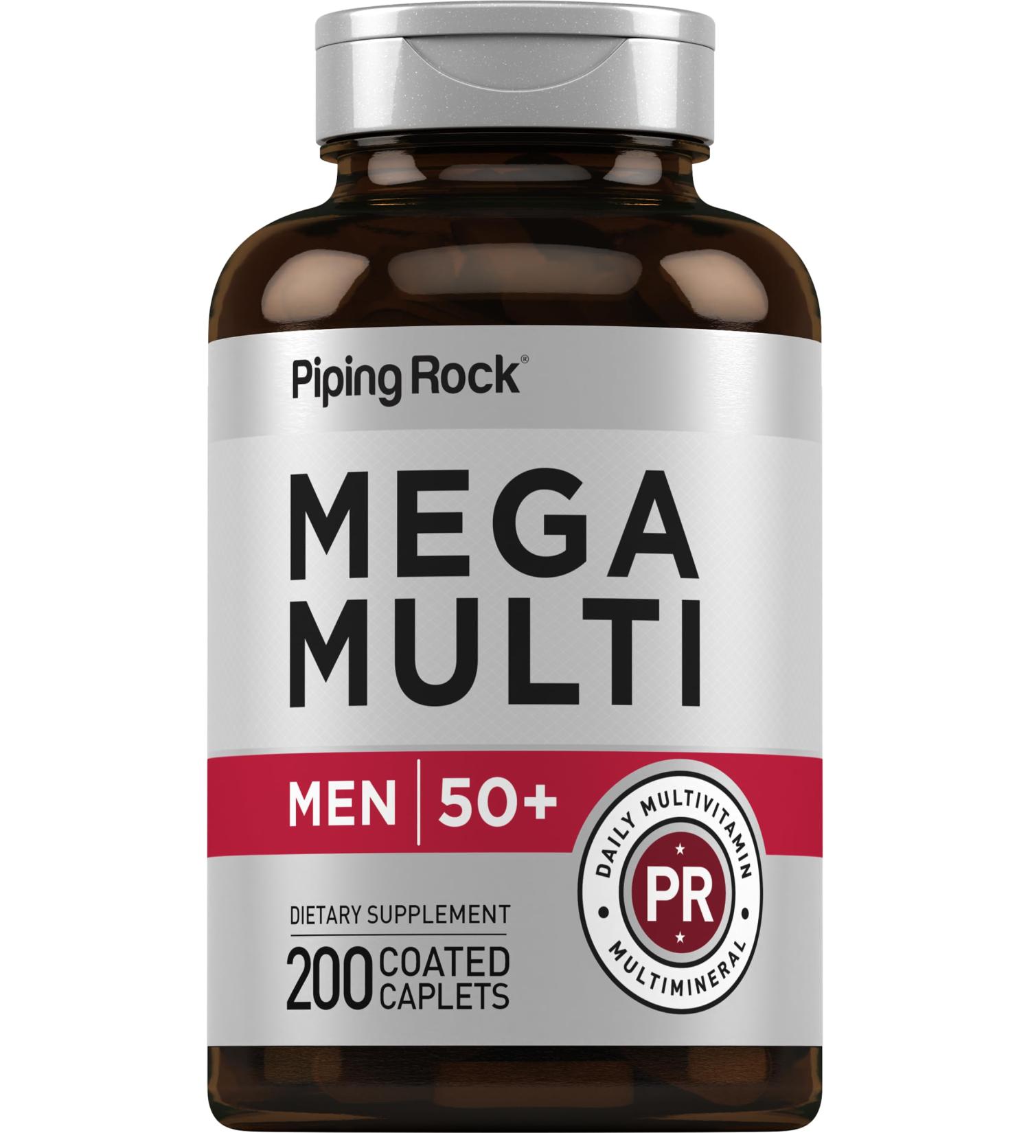 Piping Rock Multivitamin for Men Over 50+ | 200 Caplets | Mega 50 Plus Daily Multimineral | with Magnesium Calcium Zinc | Non-GMO Gluten Free Supplement - Buy Online on GoSupps.com